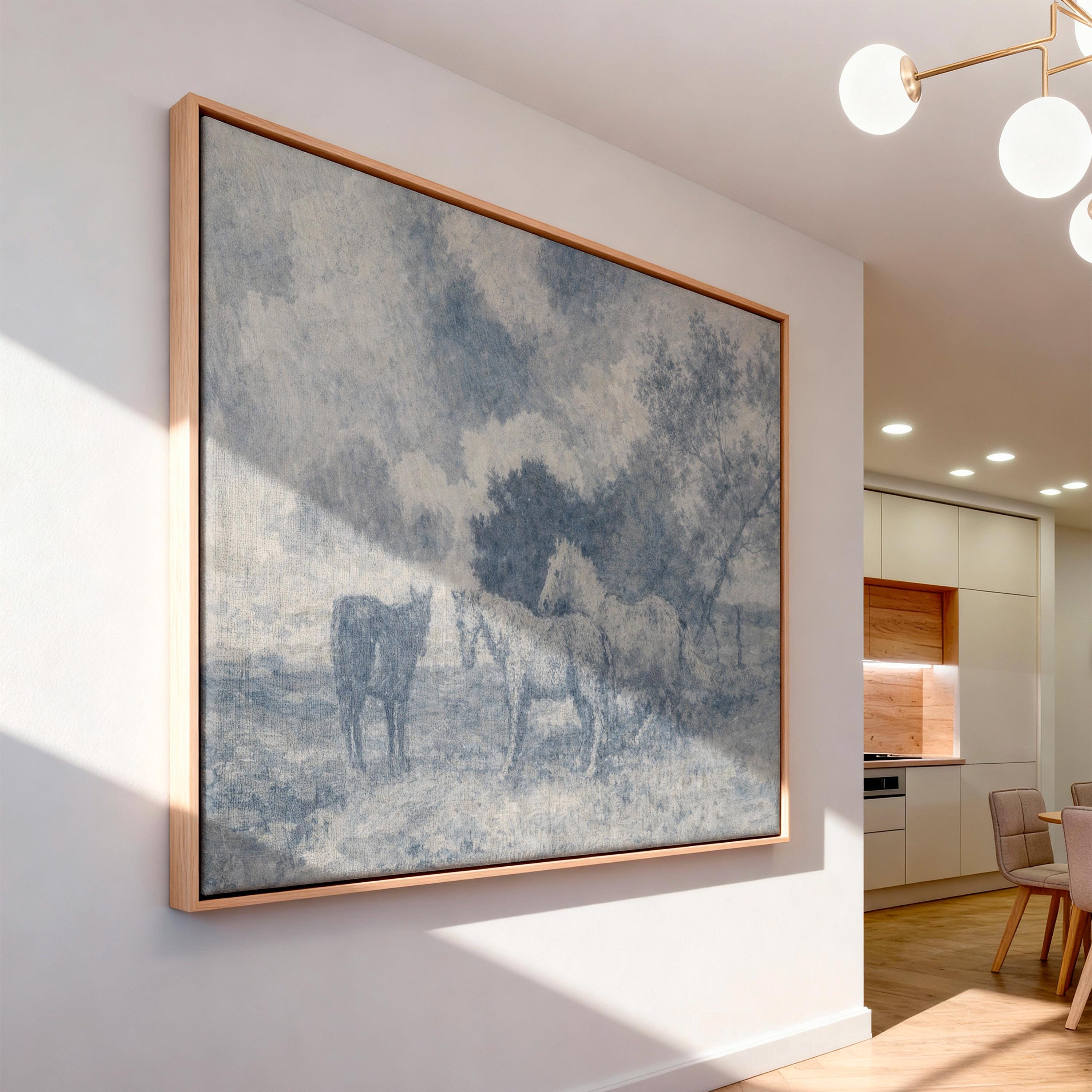 Blue Vintage Horse Wall Art – Neutral Equestrian Landscape Print – French Country Farmhouse Decor – Moody European Pastoral Artwork