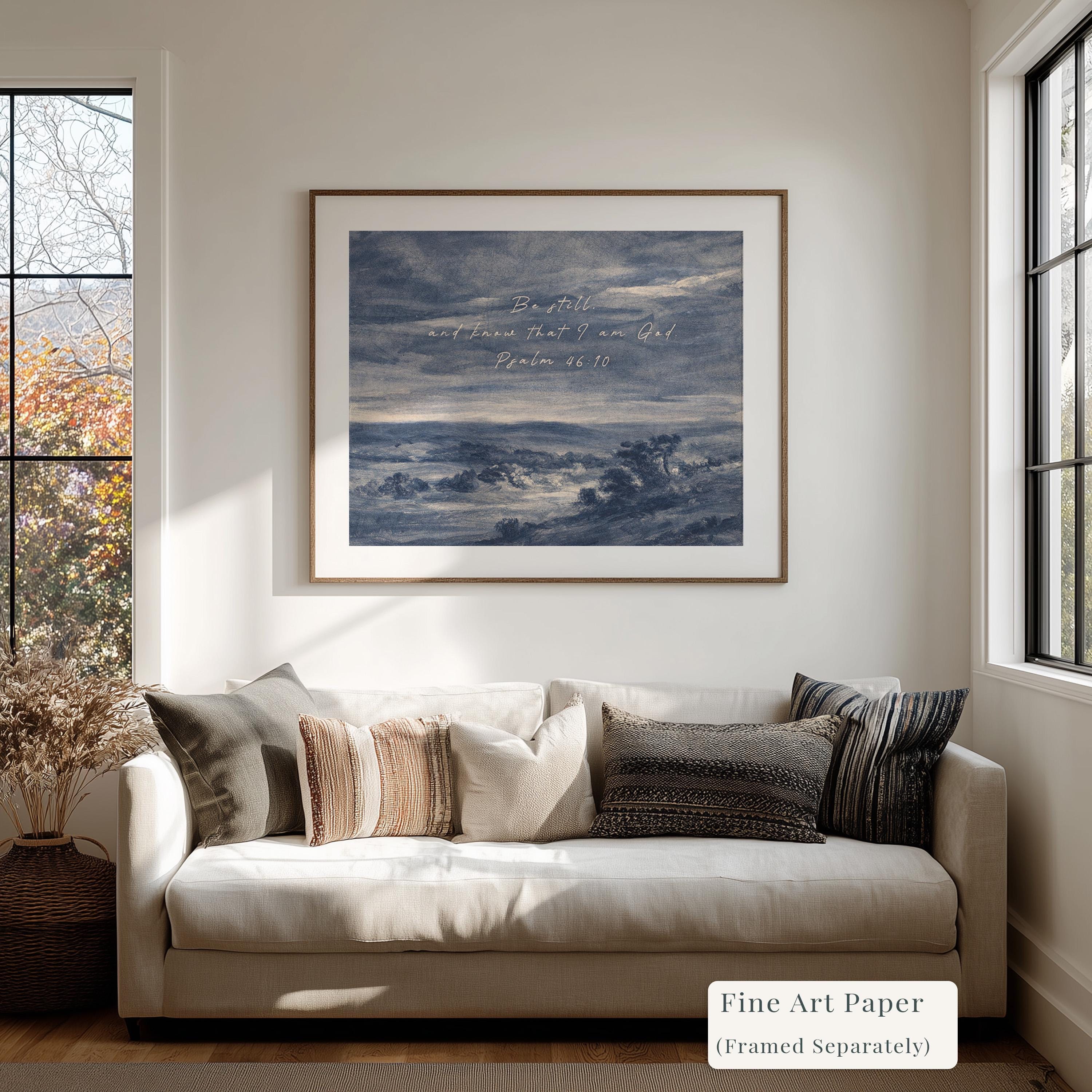 Be Still Wall Art – Psalm 46:10 Scripture Print – Neutral Christian Wall Decor – Moody Coastal Faith Artwork – Farmhouse Bible Verse Art