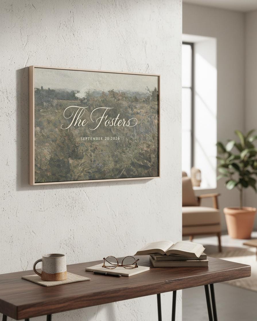 May include: A framed landscape art print with the text "The Fosters" and the date "September 20, 2026". The artwork hangs on a white wall above a wooden desk. A mug, coaster, glasses, pen, notepad, and books are on the desk.