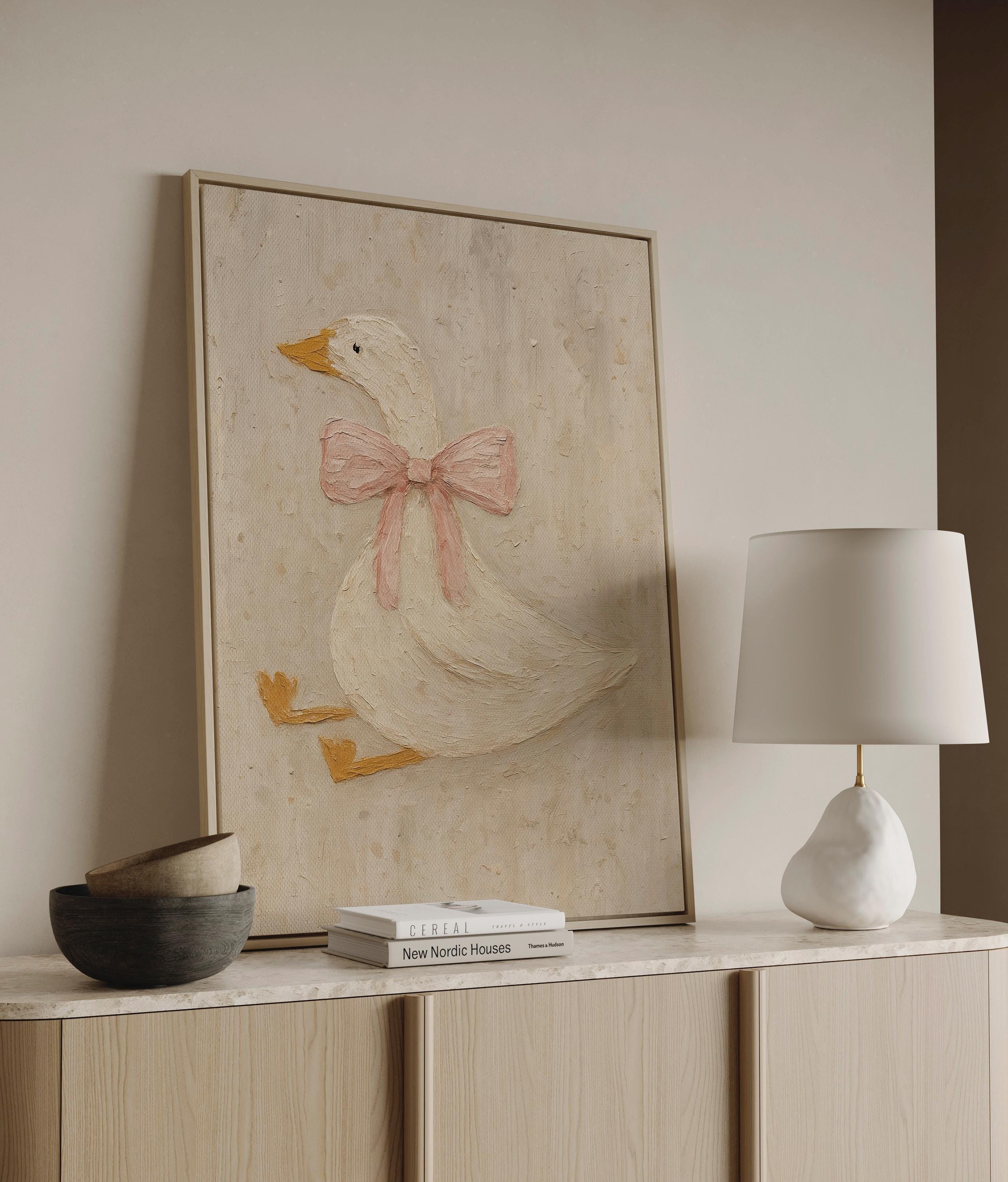 Vintage Duck Nursery Art: Canvas-Style Print with Pink Bow FG4890