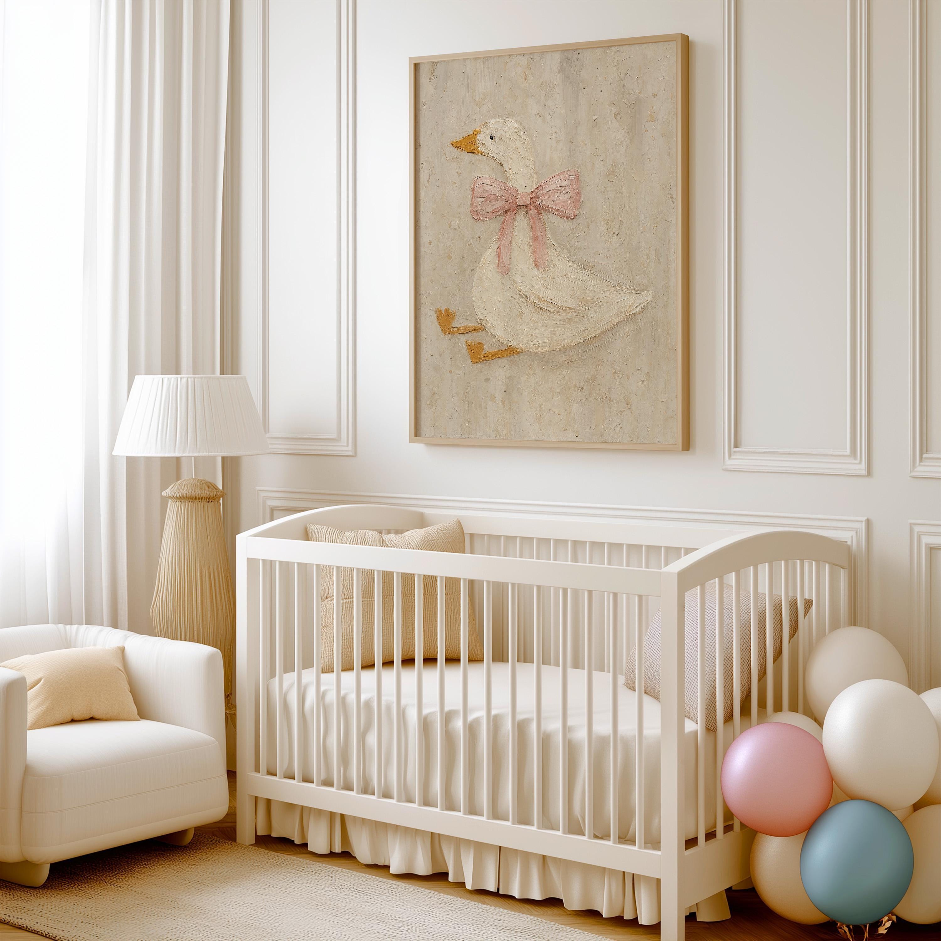 Vintage Duck Nursery Art: Canvas-Style Print with Pink Bow FG4890