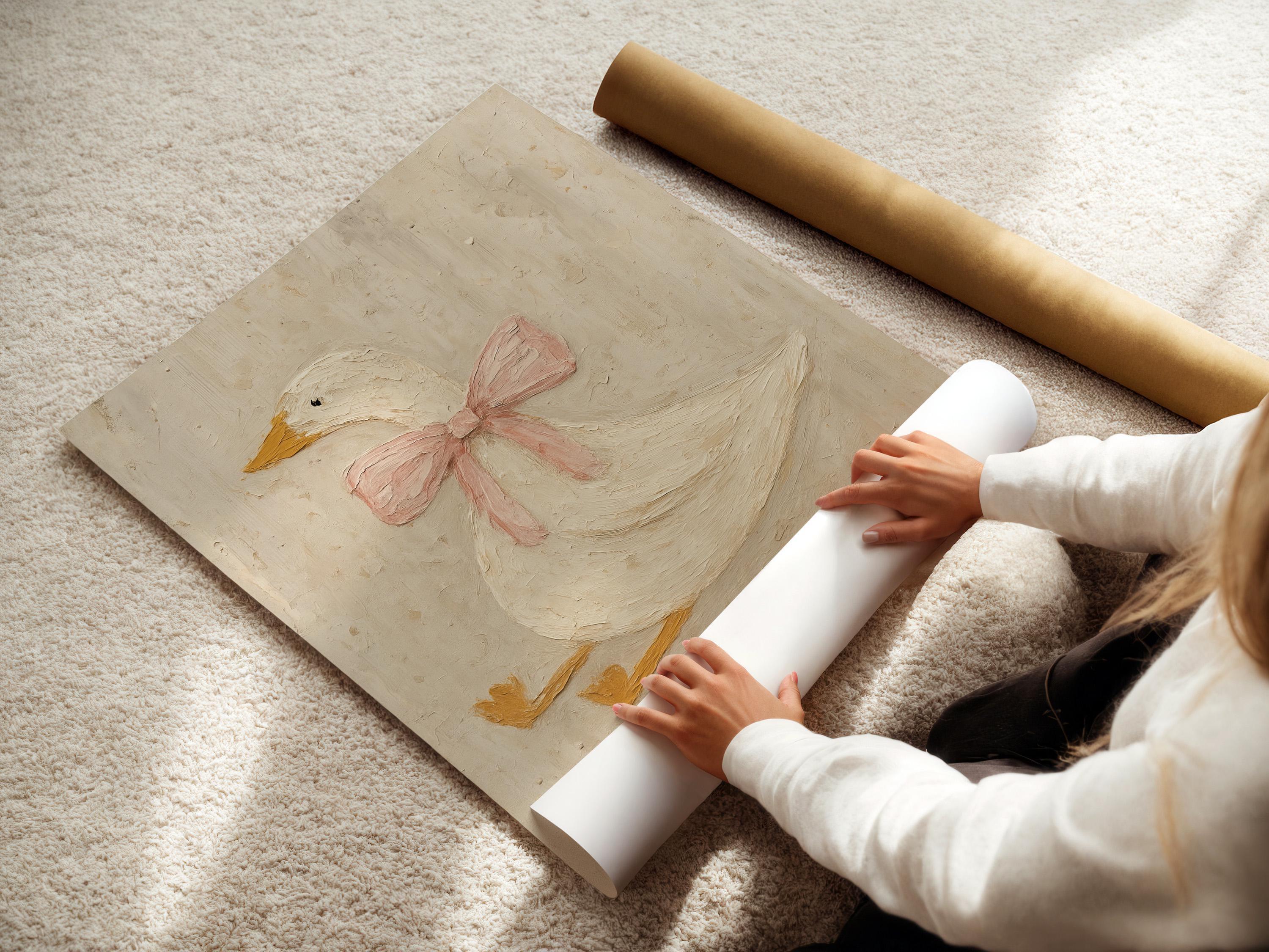 Vintage Duck Nursery Art: Canvas-Style Print with Pink Bow FG4890
