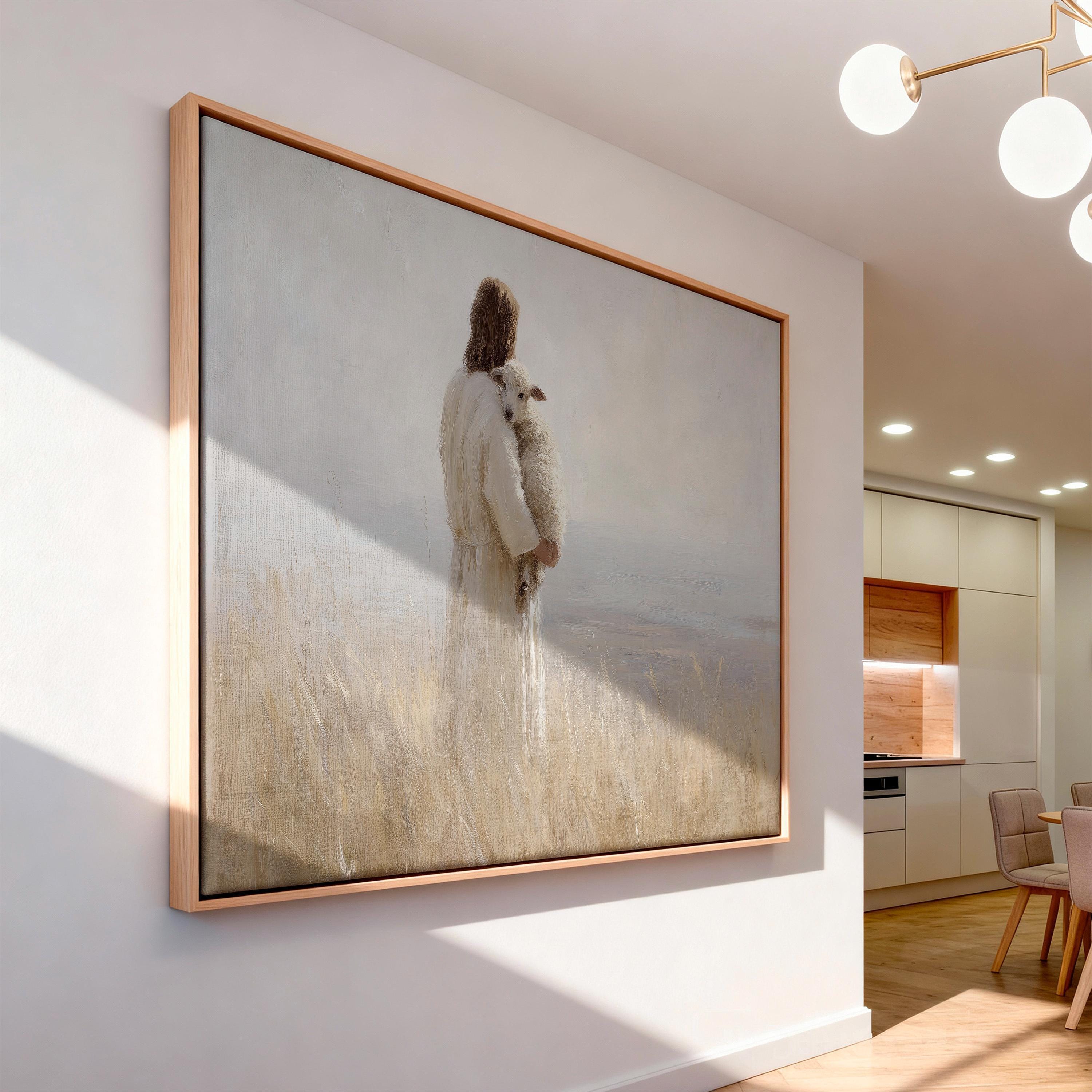 Jesus Holding Lamb Wall Art – The Good Shepherd Print – Psalm 23 Christian Home Decor – Neutral Faith Artwork