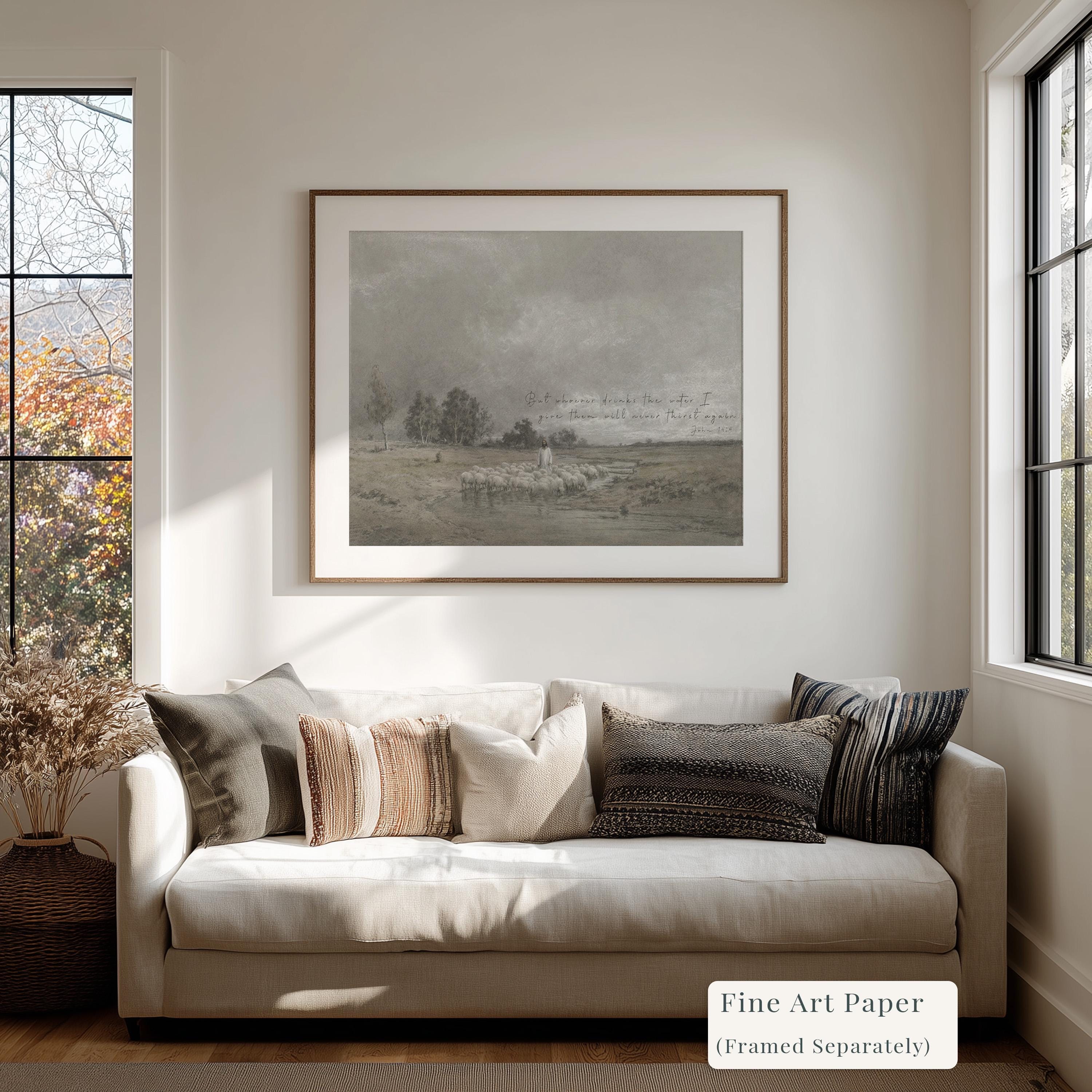 Jesus the Good Shepherd Wall Art, Scripture Landscape, Christian Faith Painting with Sheep, Living Water Bible Verse Art