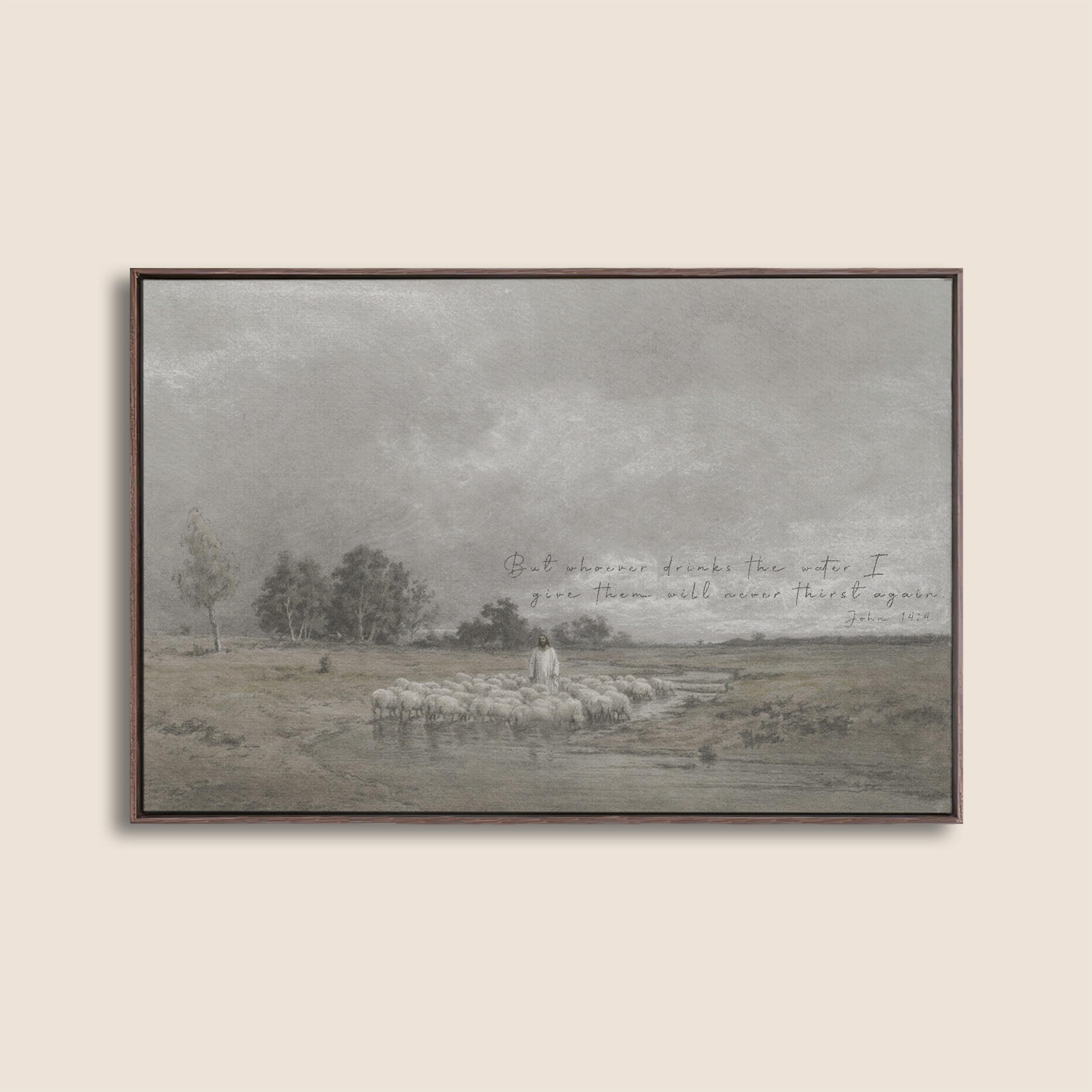 Jesus the Good Shepherd Wall Art, Scripture Landscape, Christian Faith Painting with Sheep, Living Water Bible Verse Art