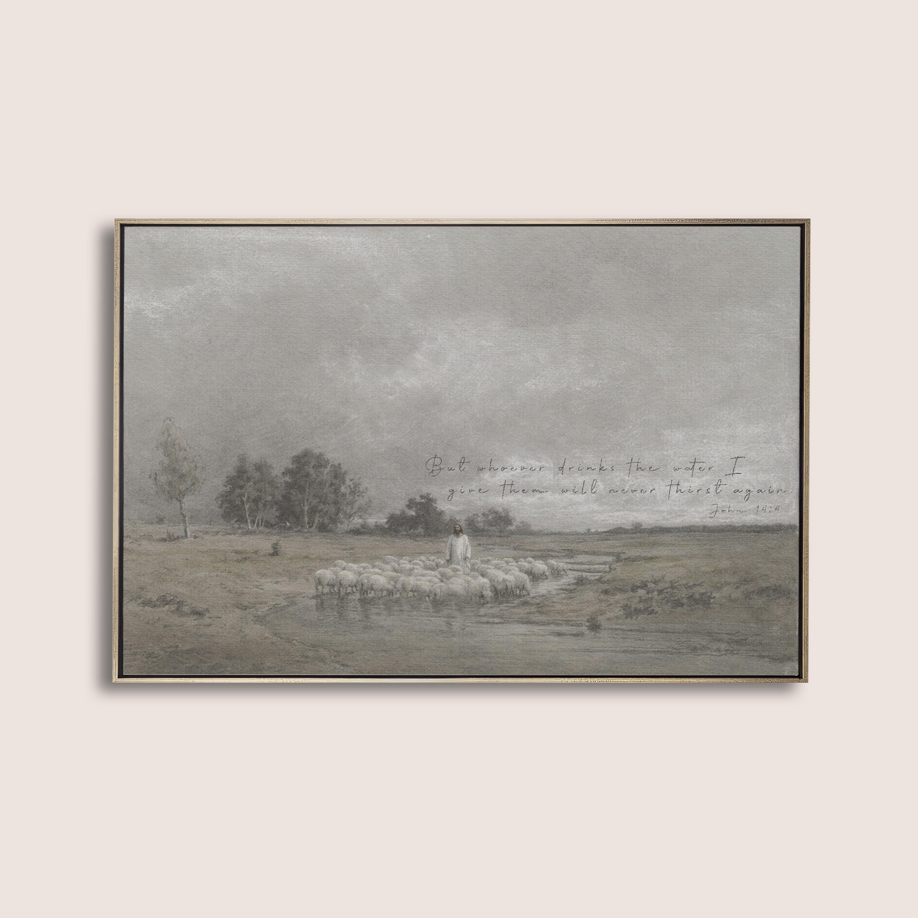 Jesus the Good Shepherd Wall Art, Scripture Landscape, Christian Faith Painting with Sheep, Living Water Bible Verse Art