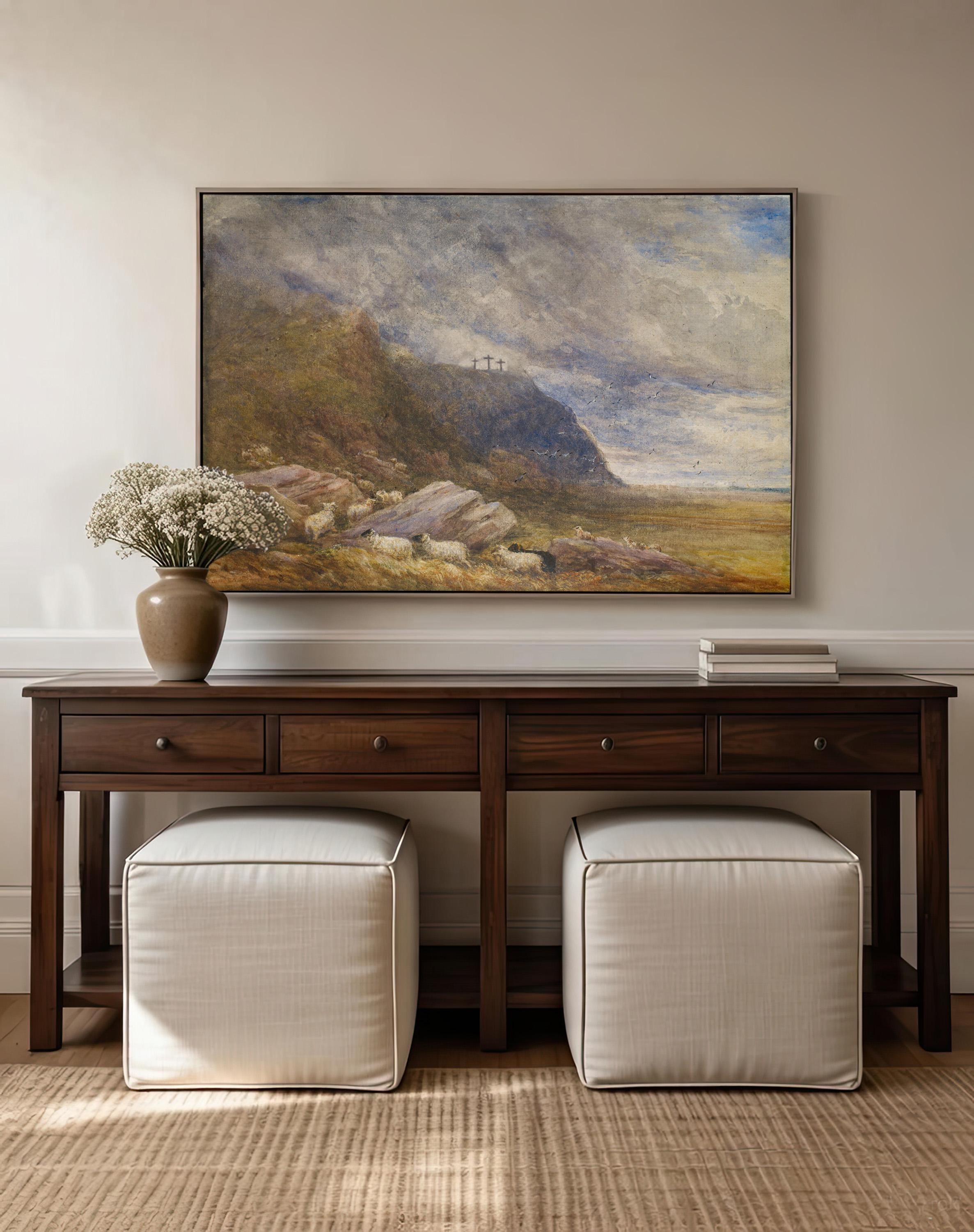 Calvary Landscape Christian Wall Art, Three Crosses Biblical Painting, Faith Based Landscape Artwork, Subtle Christian Home Decor