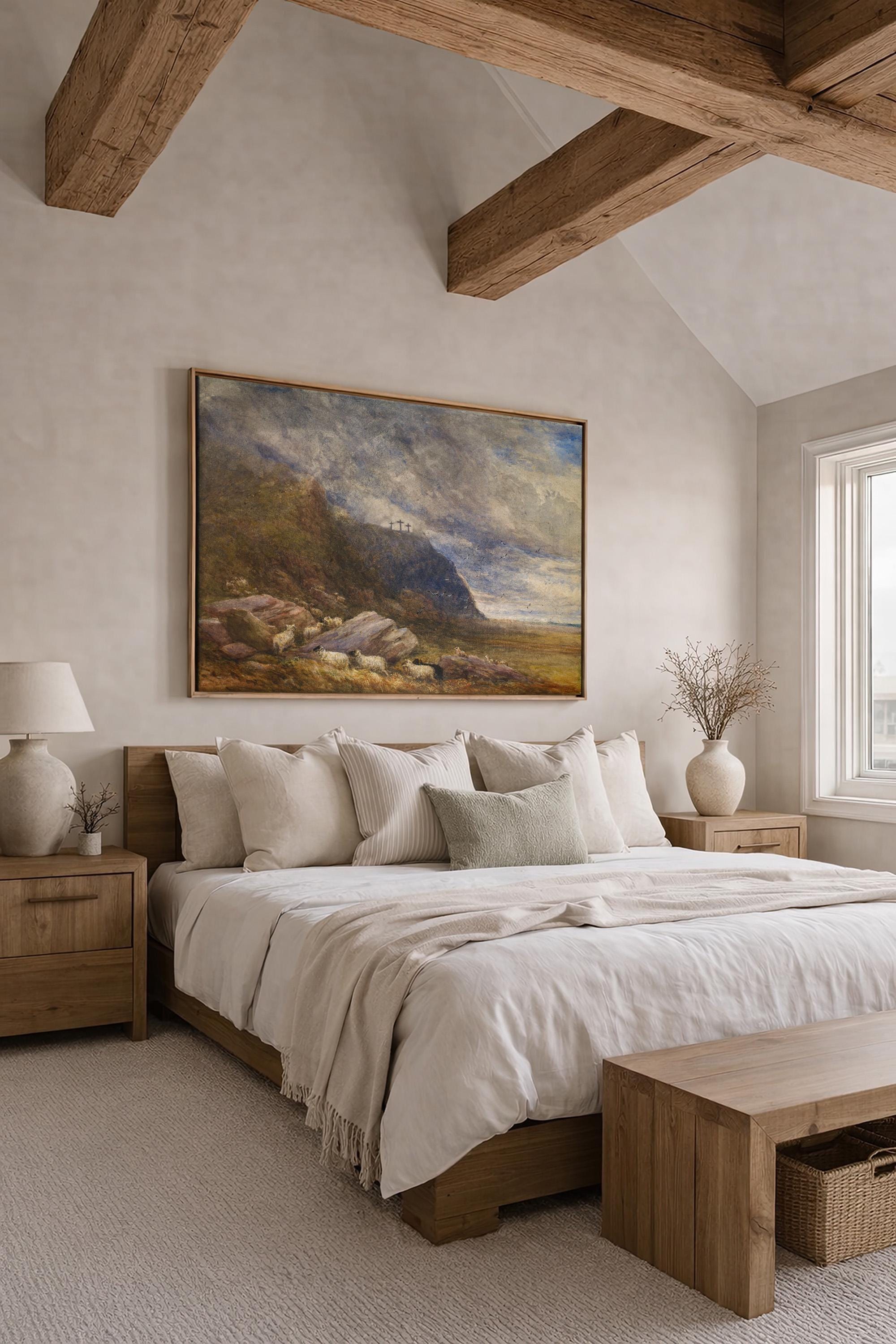 Calvary Landscape Christian Wall Art, Three Crosses Biblical Painting, Faith Based Landscape Artwork, Subtle Christian Home Decor