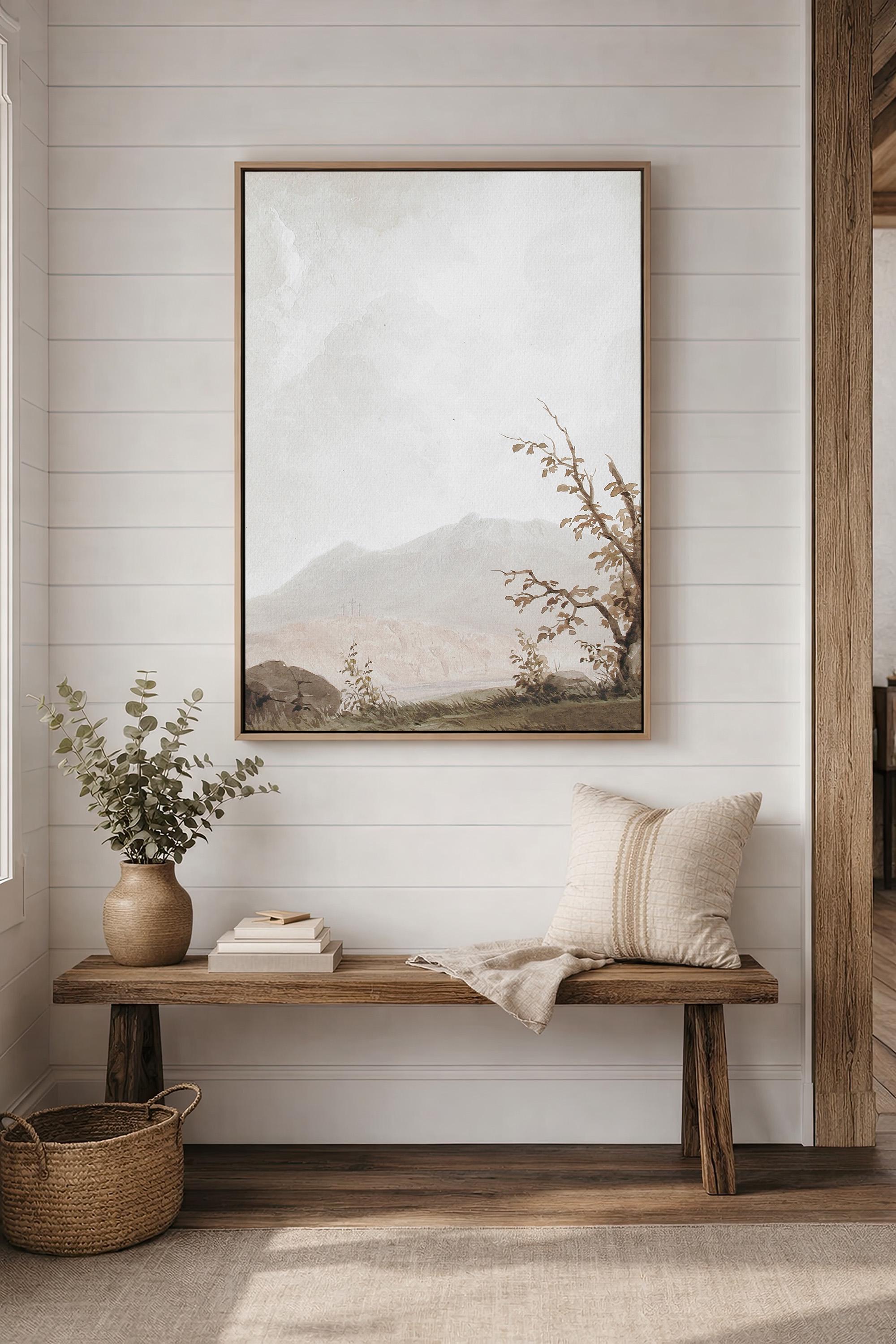 Calvary Landscape Wall Art, Faith Inspired Mountain Scene with Three Crosses, Neutral Christian Artwork, Subtle Biblical Home Decor