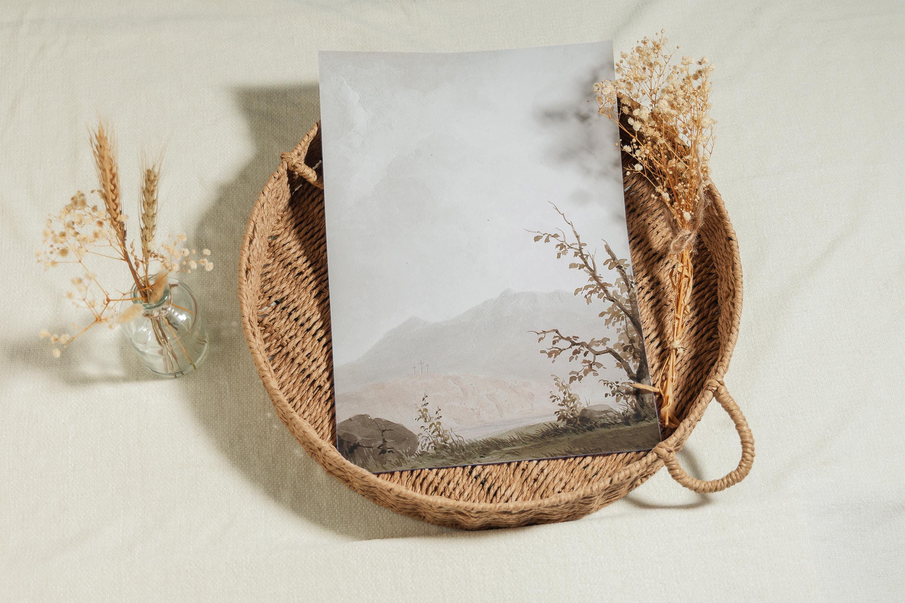 Calvary Landscape Wall Art, Faith Inspired Mountain Scene with Three Crosses, Neutral Christian Artwork, Subtle Biblical Home Decor