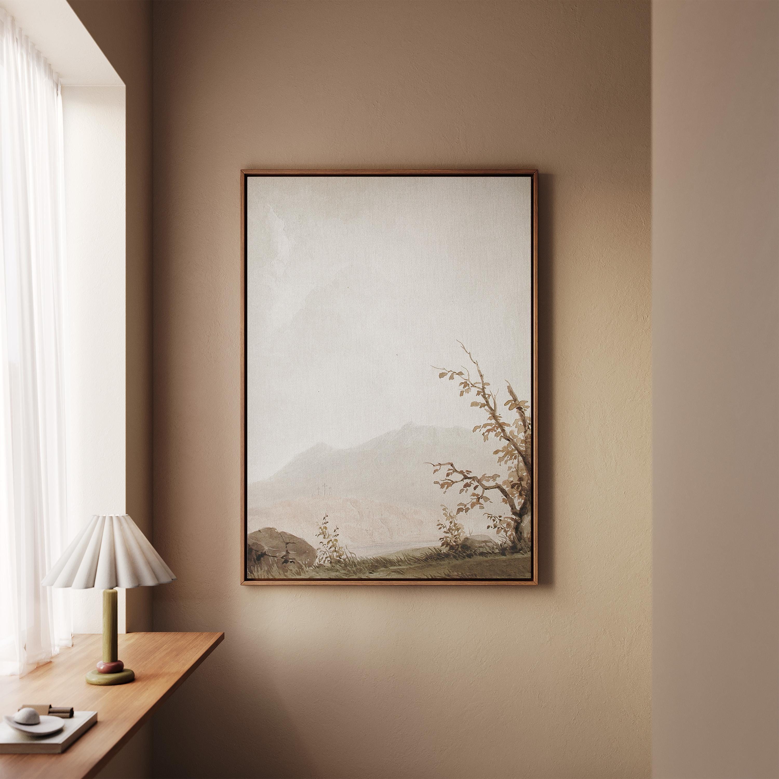 Calvary Landscape Wall Art, Faith Inspired Mountain Scene with Three Crosses, Neutral Christian Artwork, Subtle Biblical Home Decor