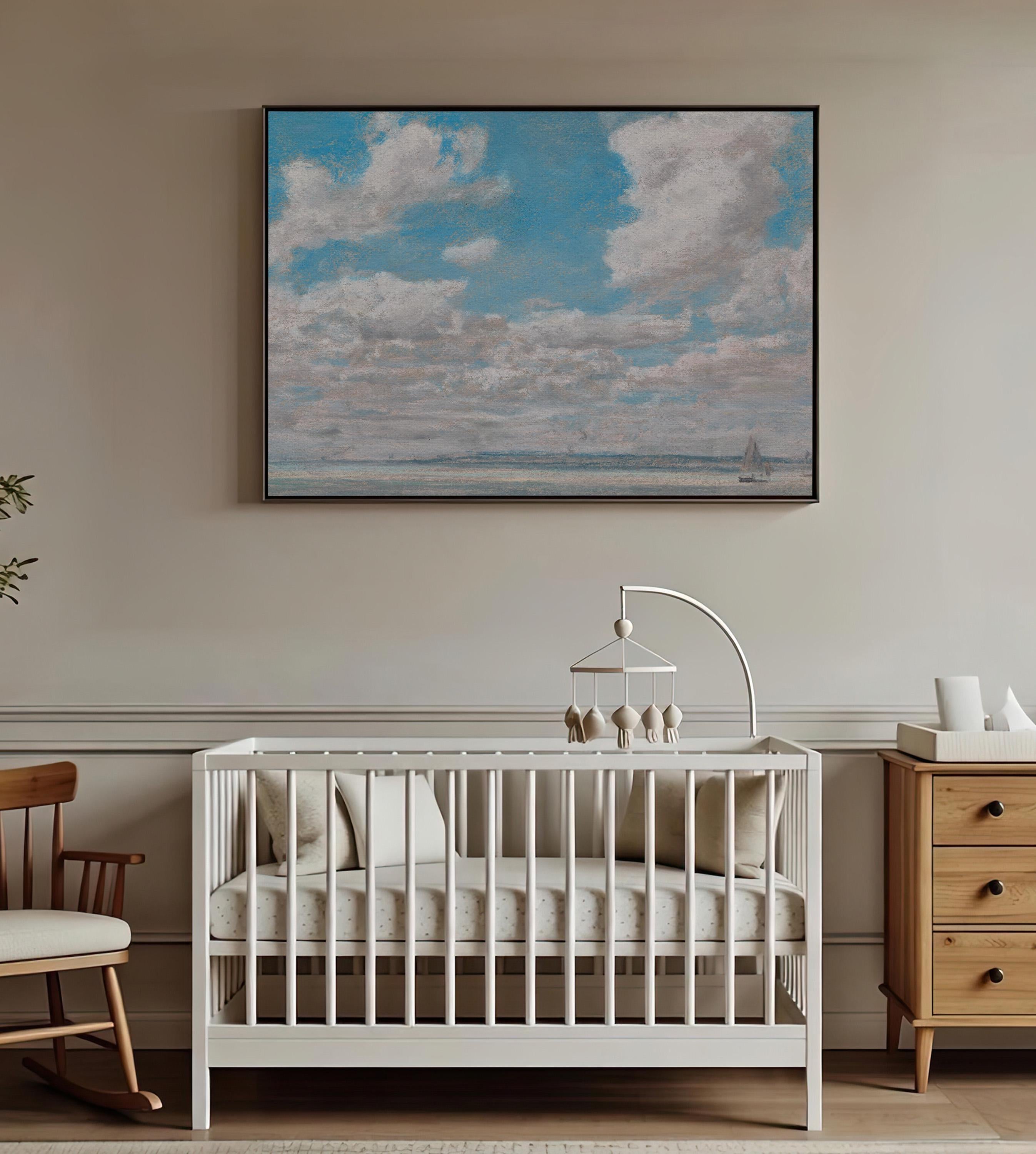 Neutral Nursery Landscape Wall Art – Soft Pastoral Ocean Print– Gender Neutral Baby Room Decor – Minimalist Nursery Artwork