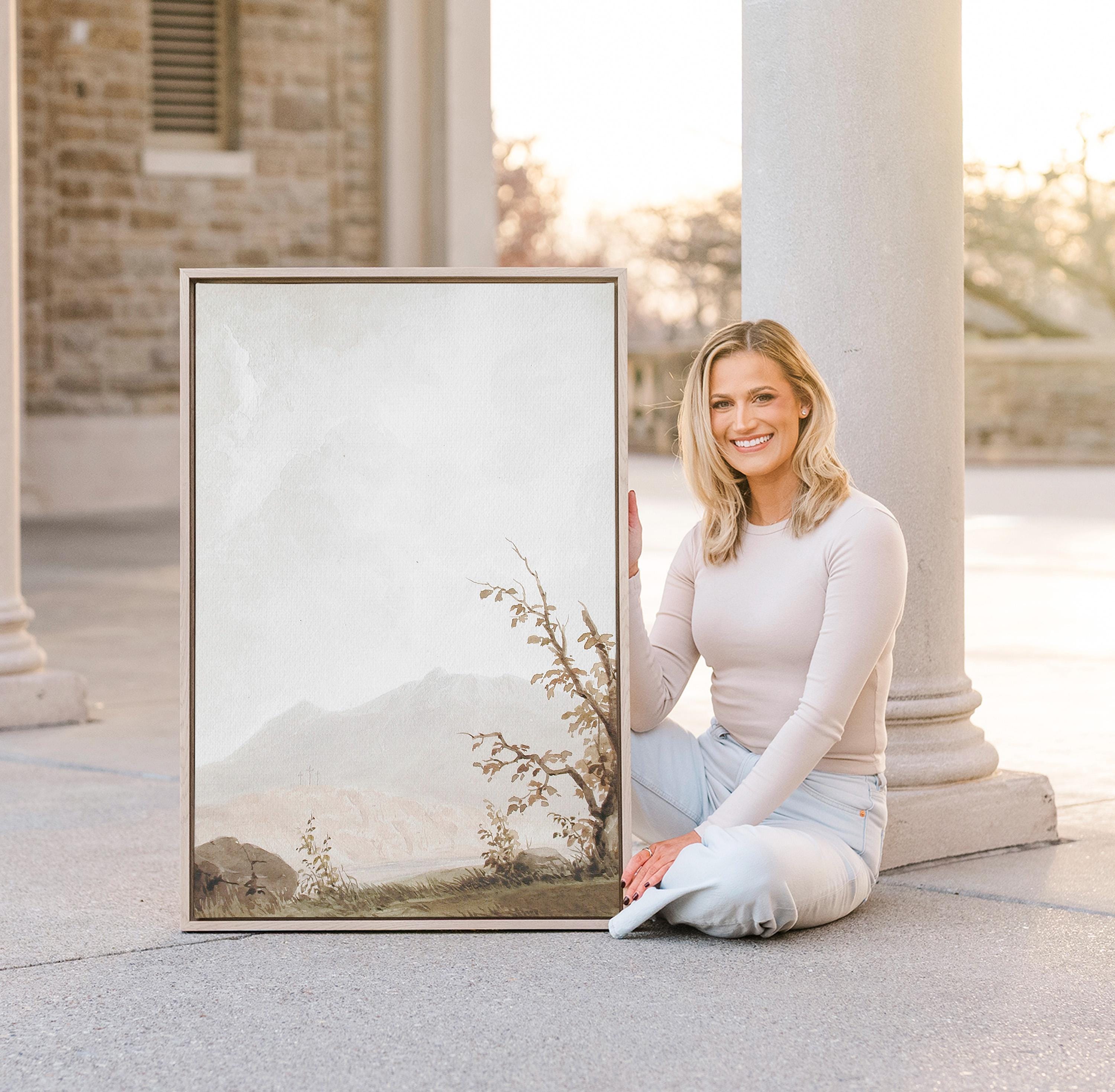 Calvary Landscape Wall Art, Faith Inspired Mountain Scene with Three Crosses, Neutral Christian Artwork, Subtle Biblical Home Decor