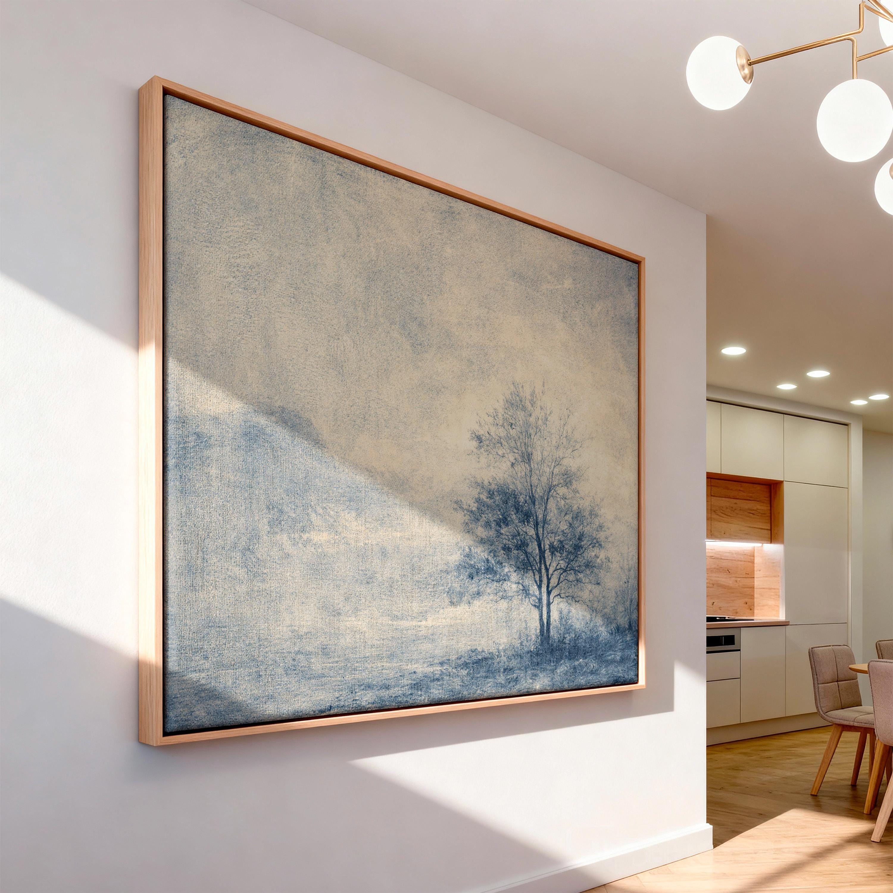 Blue Landscape Wall Art, Minimalist Tree Print, Neutral Living Room Decor, FG436