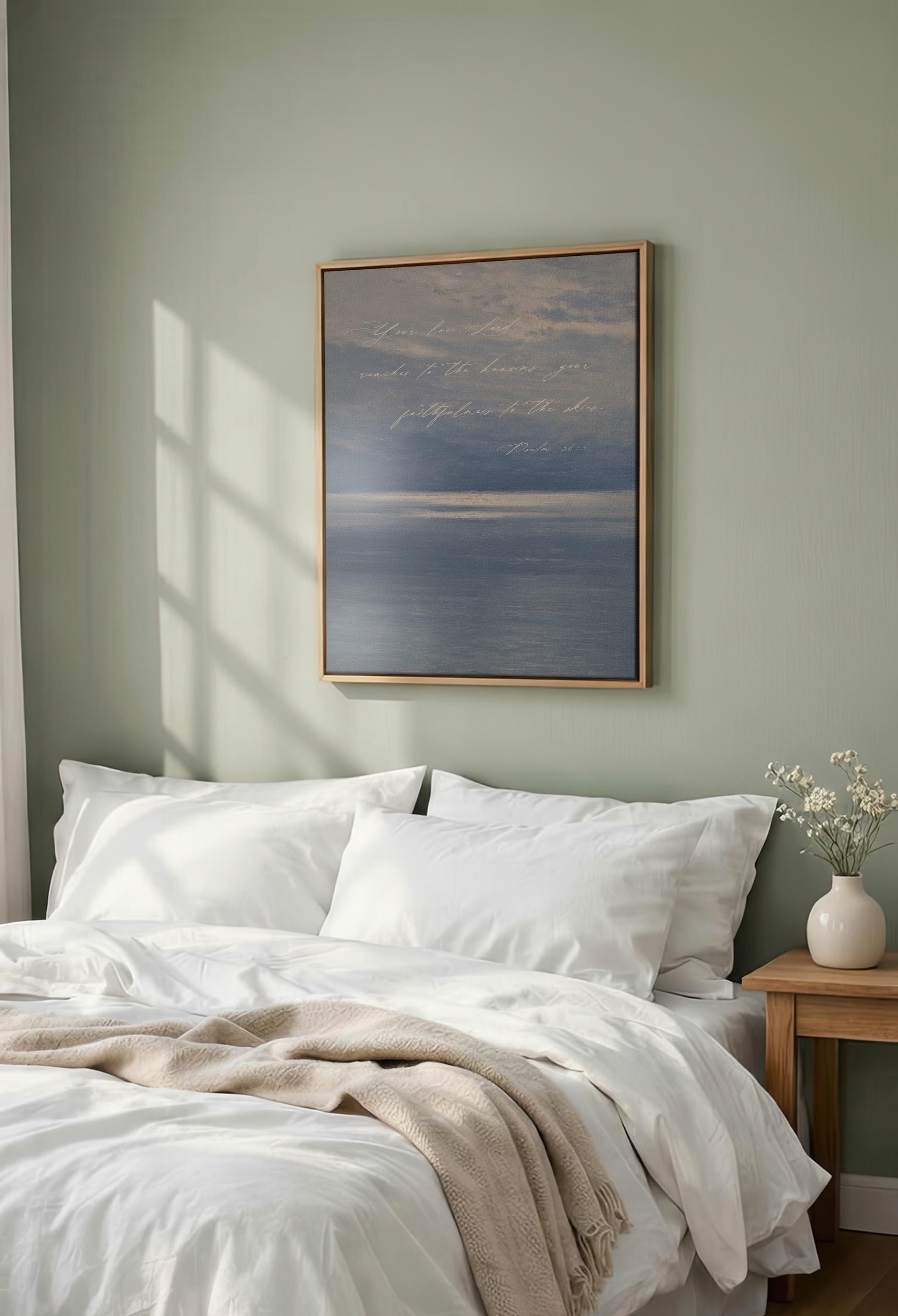 Psalm 36:5 Christian Wall Art | Your Love Reaches to the Heavens Print | Blue Coastal Scripture Decor | Neutral Faith Wall Art