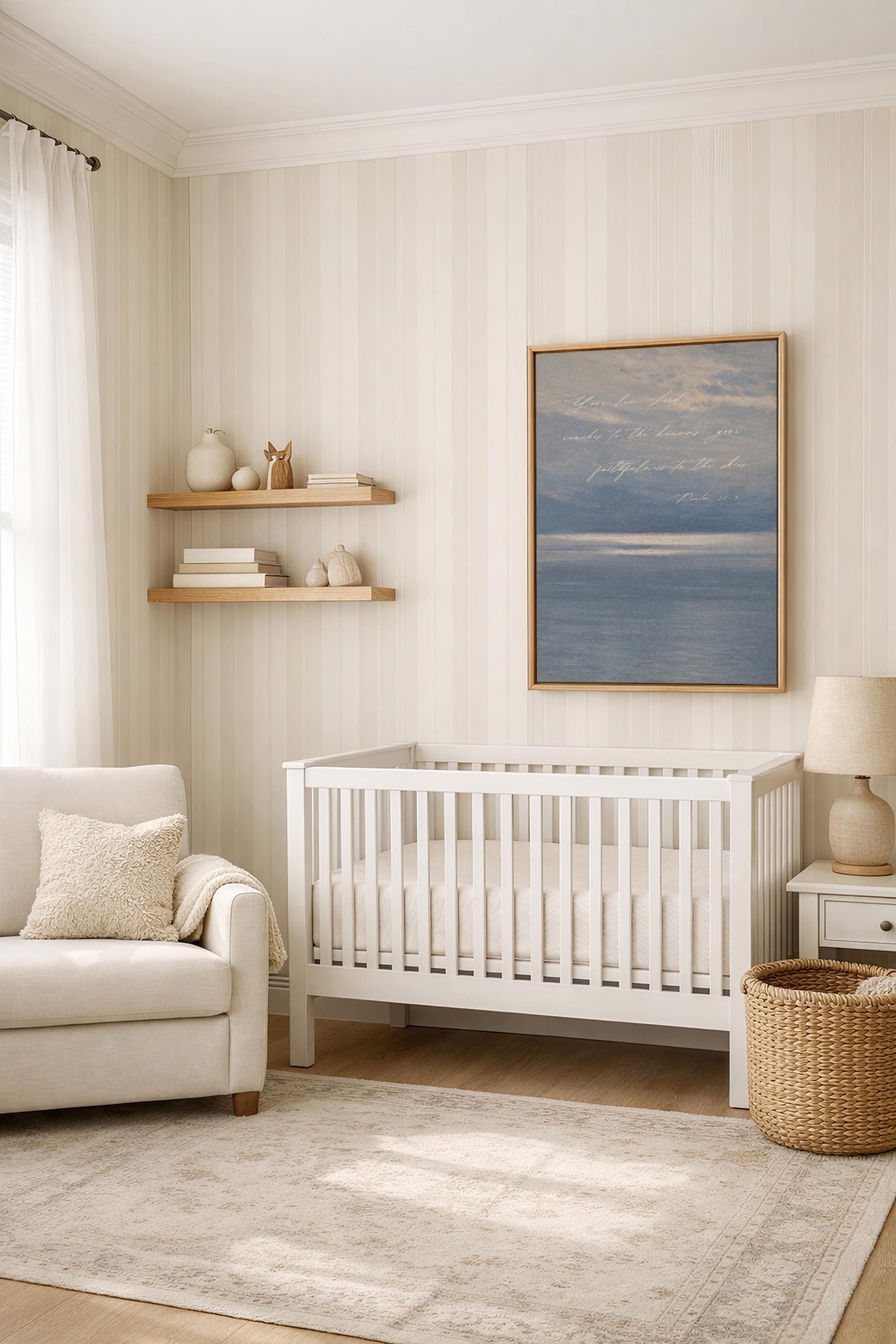 Psalm 36:5 Christian Wall Art | Your Love Reaches to the Heavens Print | Blue Coastal Scripture Decor | Neutral Faith Wall Art