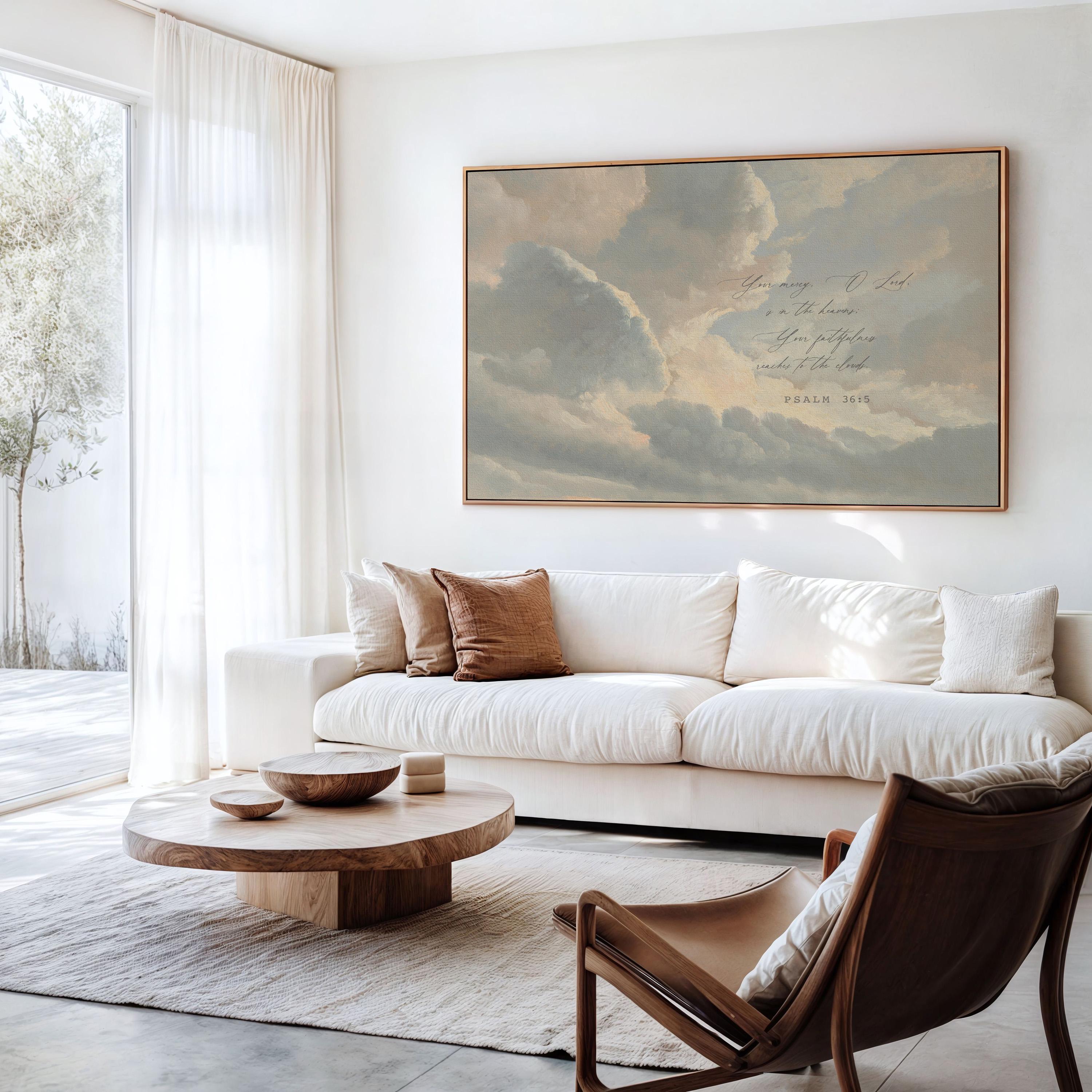 Psalm 36:5 Large Christian Canvas | Neutral Cloud Scripture Wall Art | Your Love Reaches the Heavens Decor | FG428