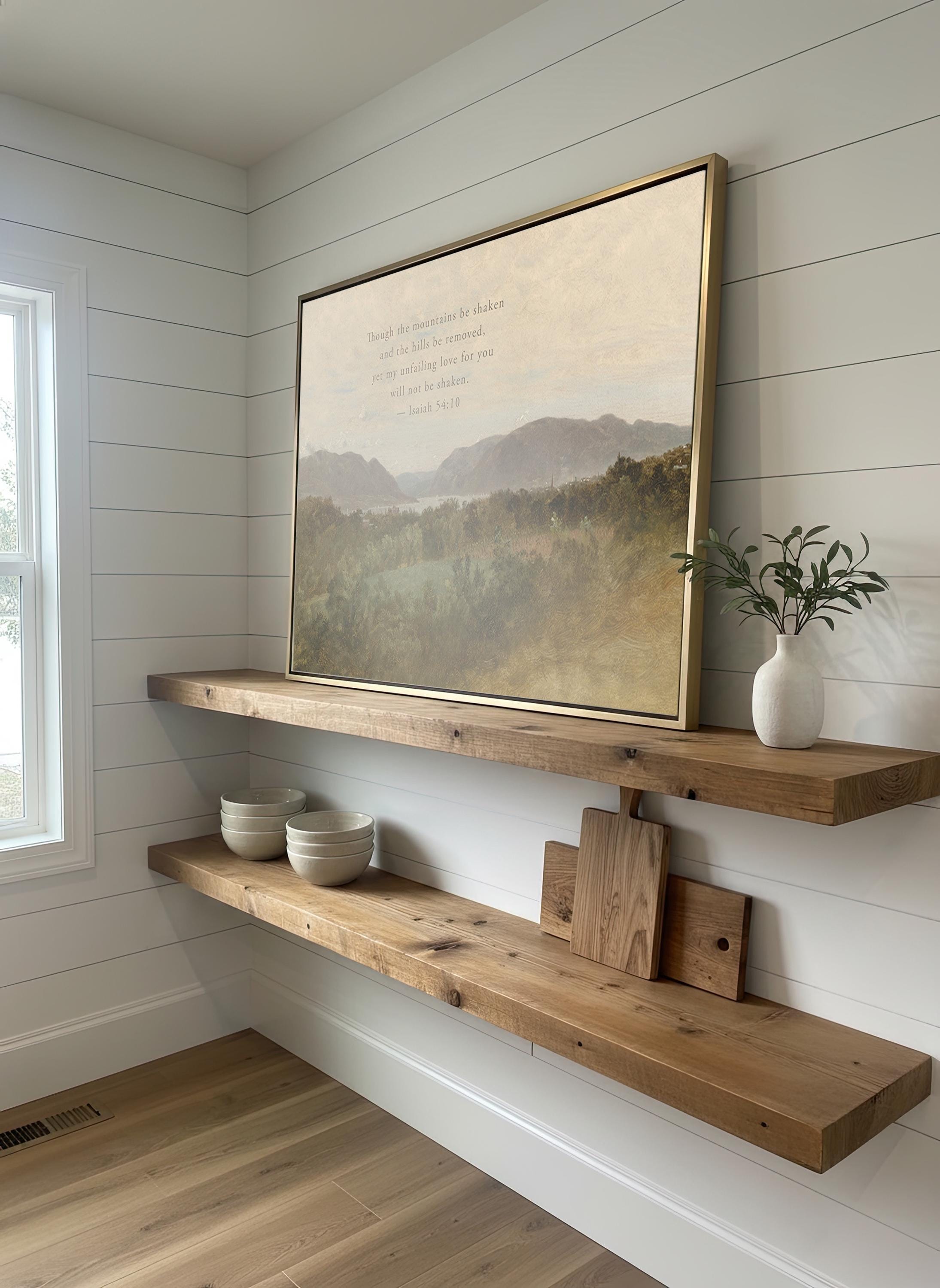 Isaiah 54:10 Wall Art | Though the Mountains Be Shaken Christian Landscape Canvas | Neutral Farmhouse Scripture Decor