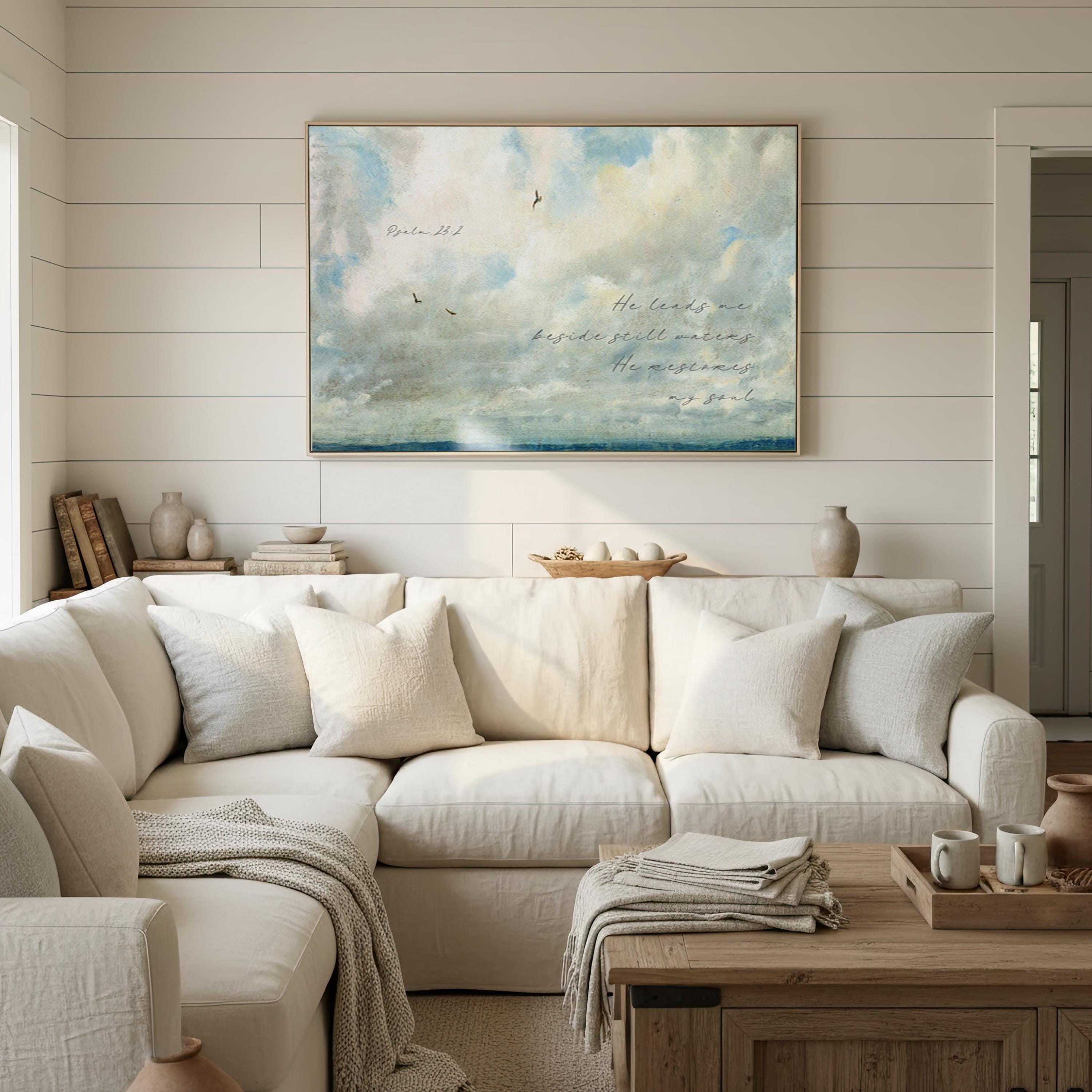 Coastal Christian Wall Art Psalm 23:2, He Leads Me Beside Still Waters, Neutral Blue Ocean Art, Faith Inspired Home Decor, FG429