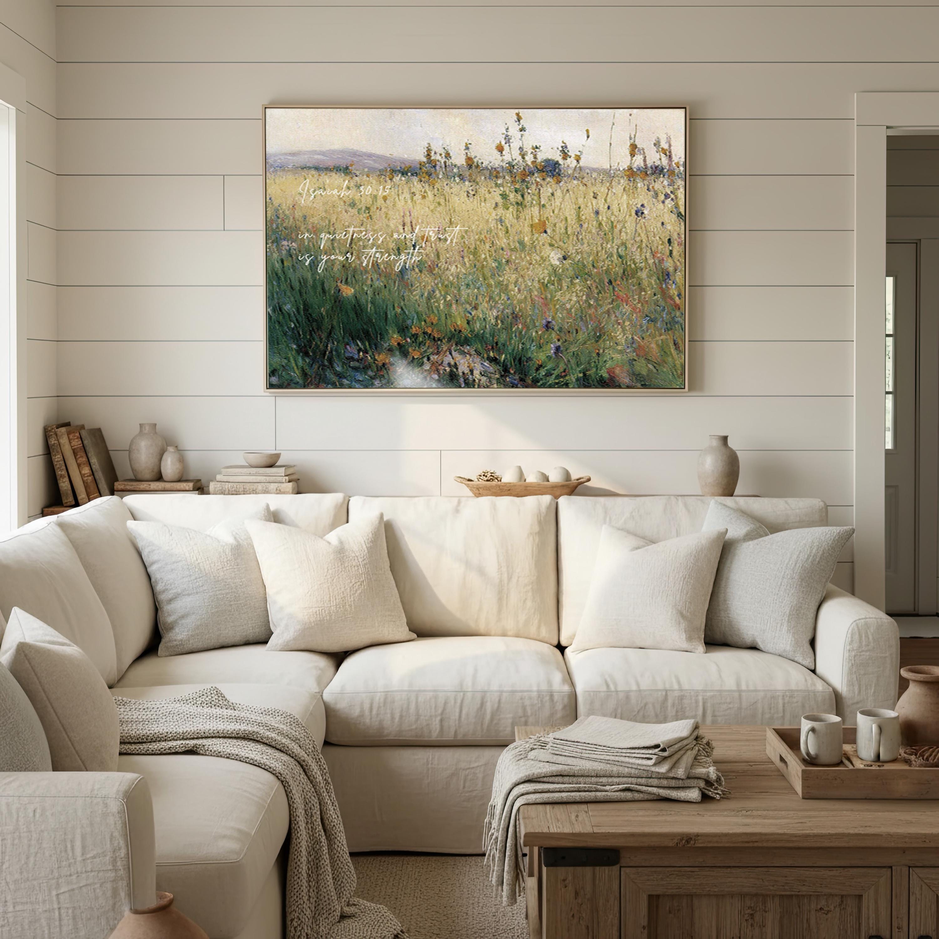 Wildflower Field Christian Wall Art Isaiah 30:15, In Quietness and Trust Is Your Strength, Vintage Floral Landscape Print
