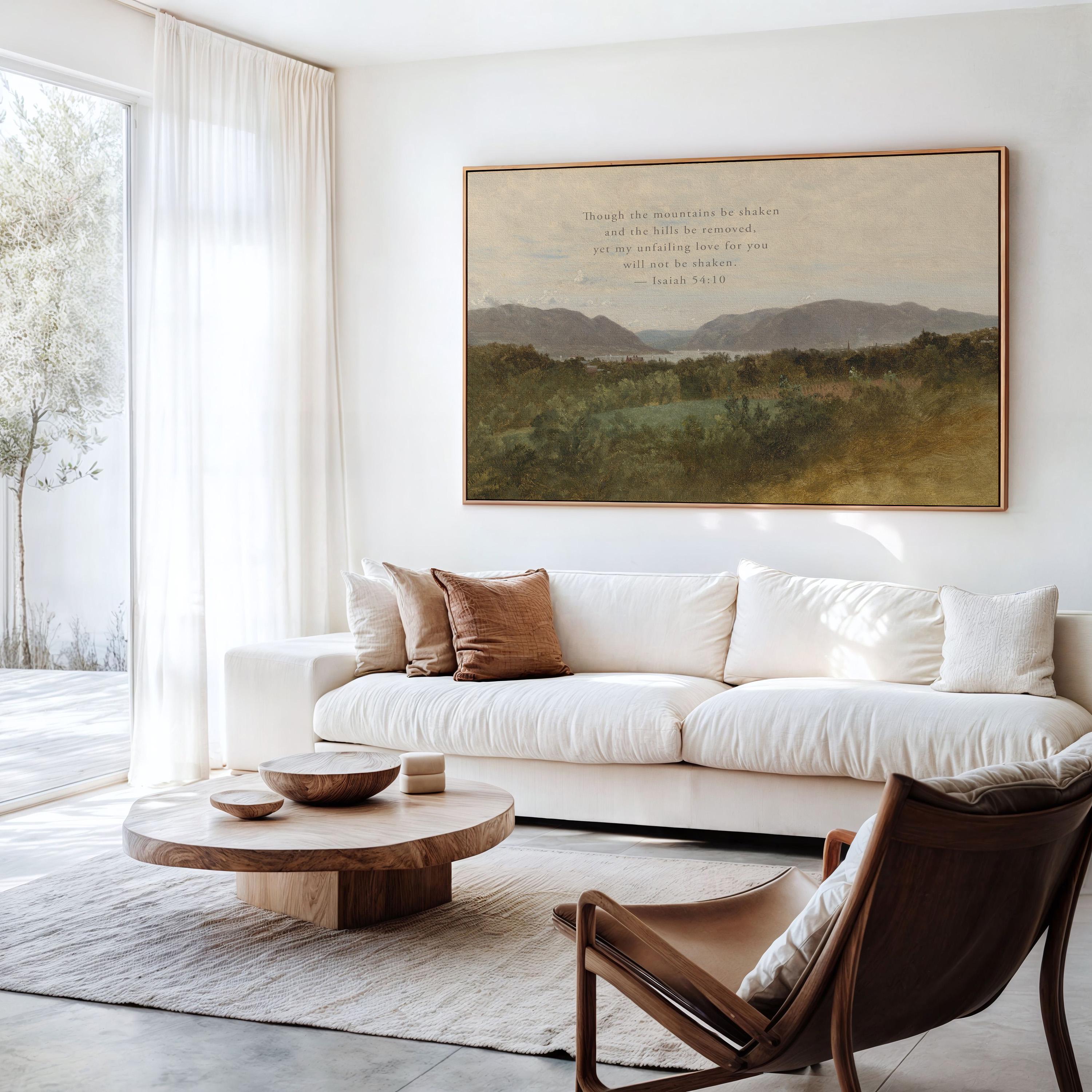 Isaiah 54:10 Wall Art | Though the Mountains Be Shaken Christian Landscape Canvas | Neutral Farmhouse Scripture Decor