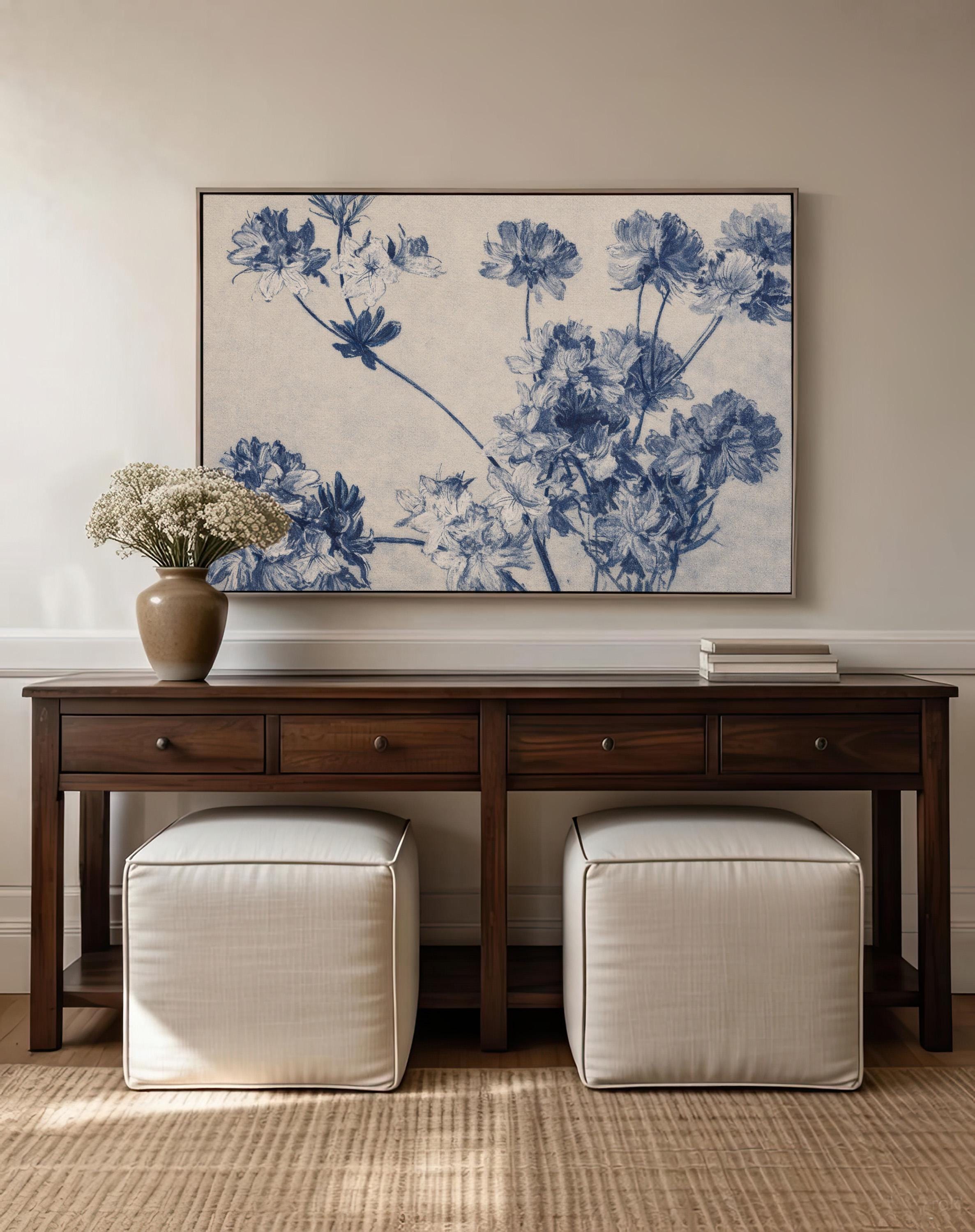 Vintage Flowers – French Country Cottage Decor – Blue Pastoral Landscape Art Antique Blue Botanical Wall Art Print