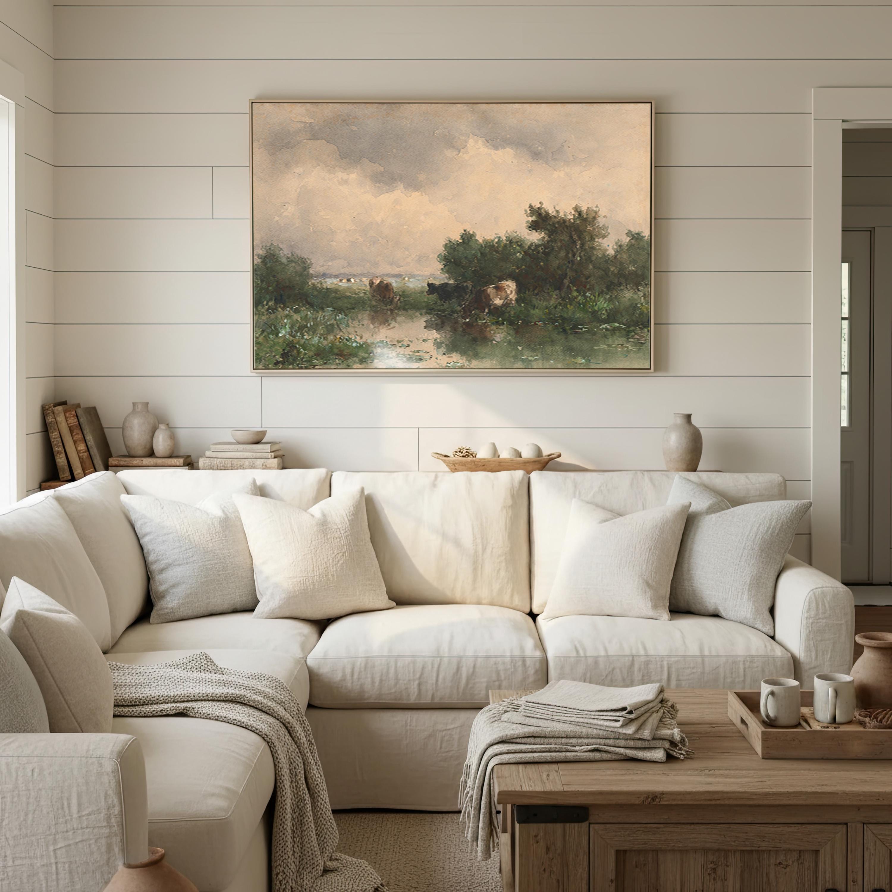 Vintage Pastoral Landscape Wall Art, Moody Countryside Cow Painting, Antique Farm Scene Art, Rustic Wall Decor, European Landscape Art