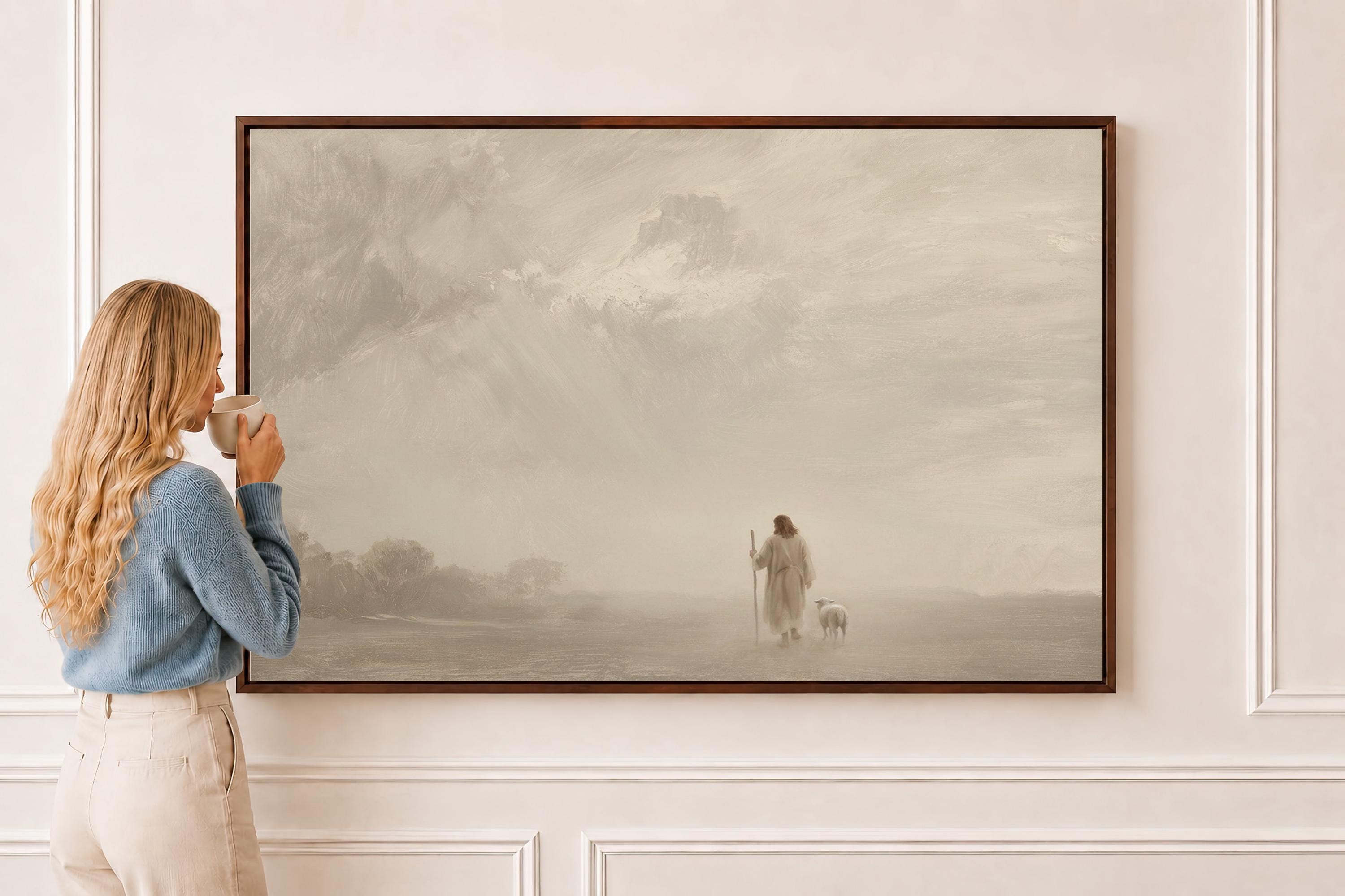 Psalm 23 Veiled Shepherd | Misty Shepherd | Stormy Sky Christian Wall Art Print | M0004