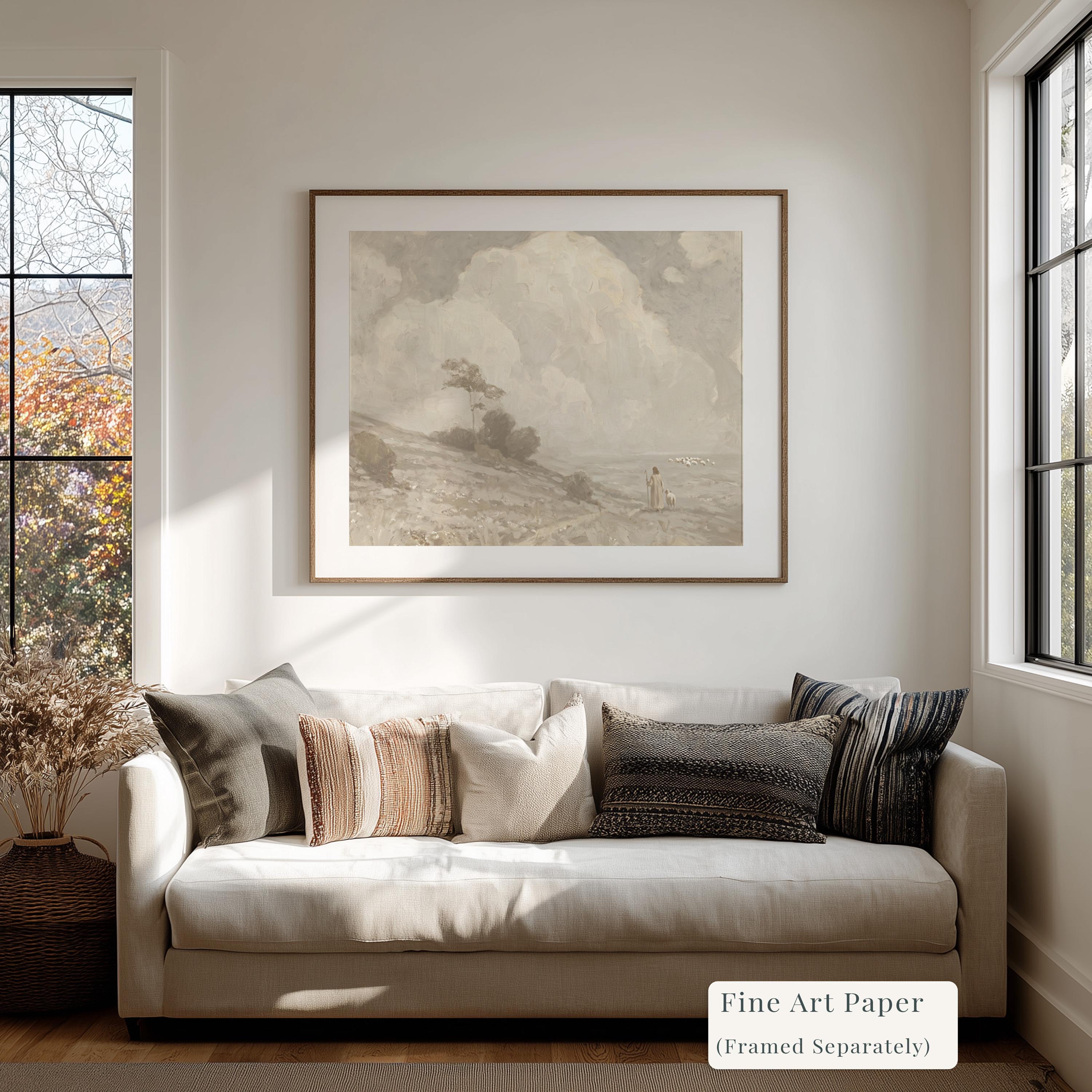 Farmhouse Faith Canvas | Cumulus Hillside Christian Wall Art Print | Neutral Christian Wall Art | Faith Gift | G0002