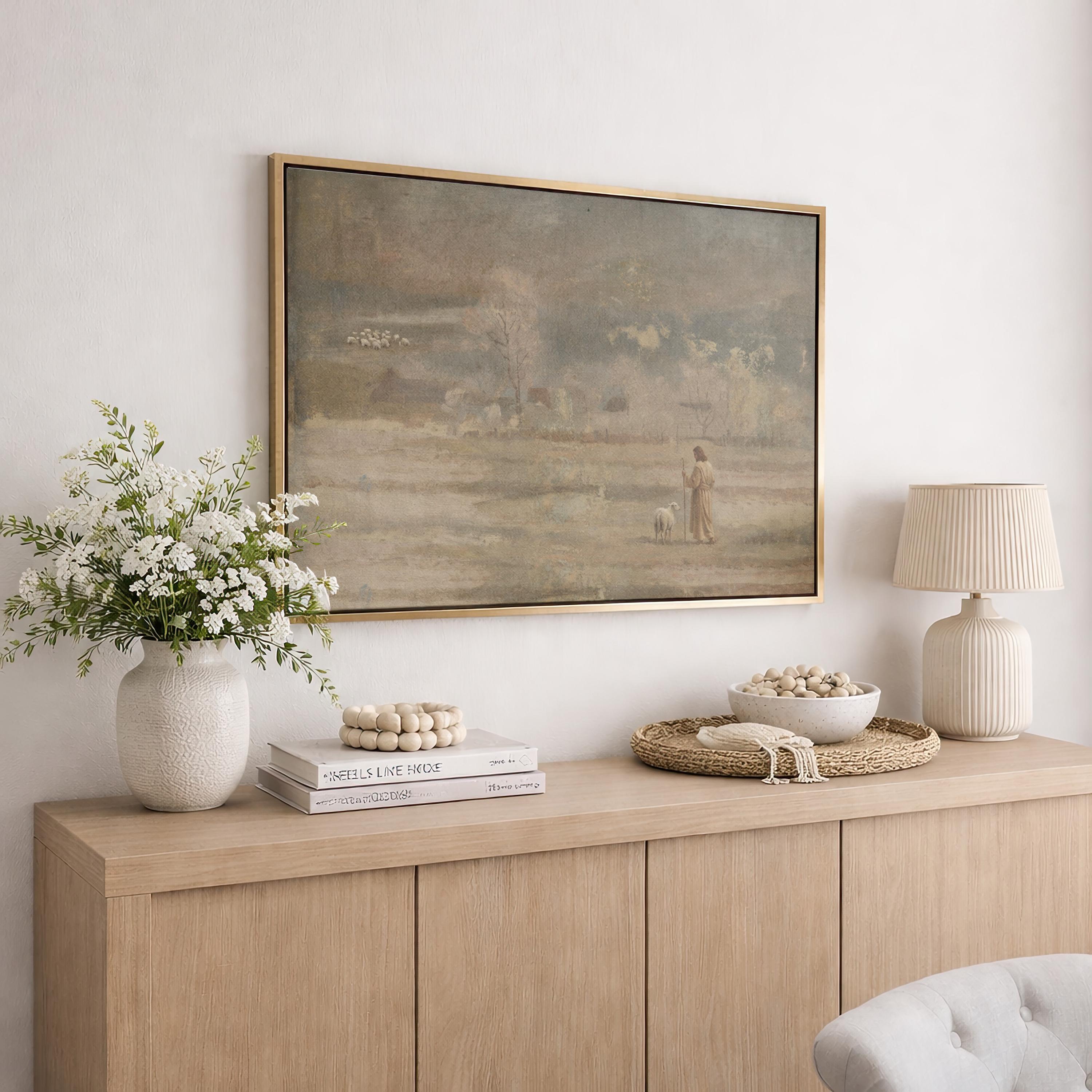 Lost Sheep Framed Canvas | Muted Farm Winter Christian Wall Art Print | Vintage Christian Wall Art | Faith Gift | L0008