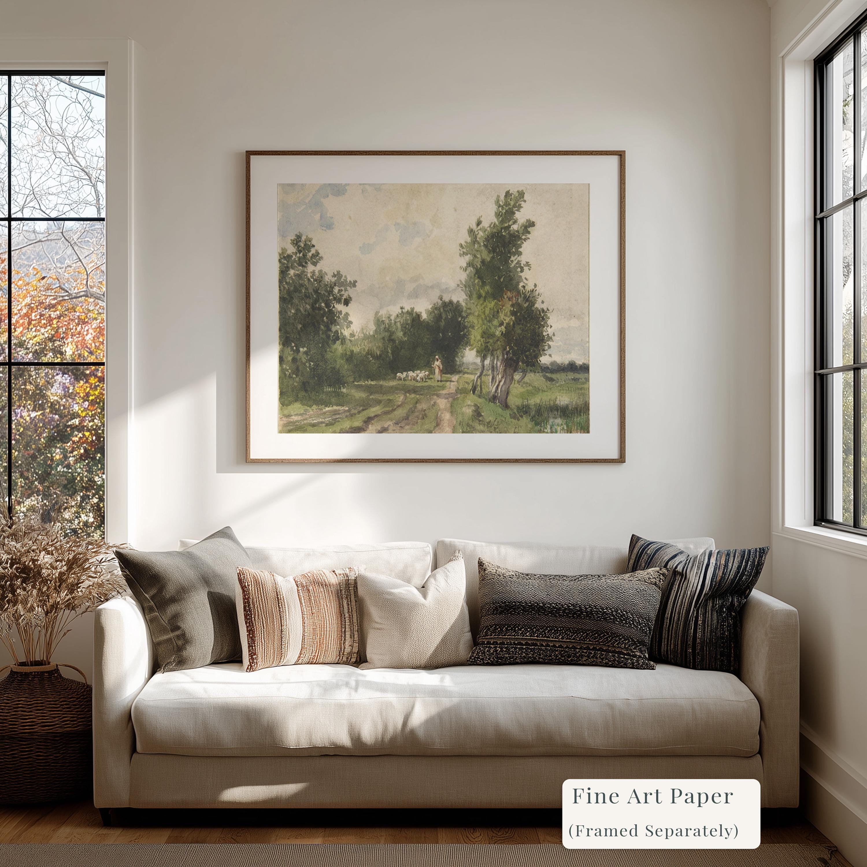 Psalm 23 Framed Canvas | Country Path Jesus with Sheep Christian Print | Vintage Christian Wall Art | Faith Gift | S0002