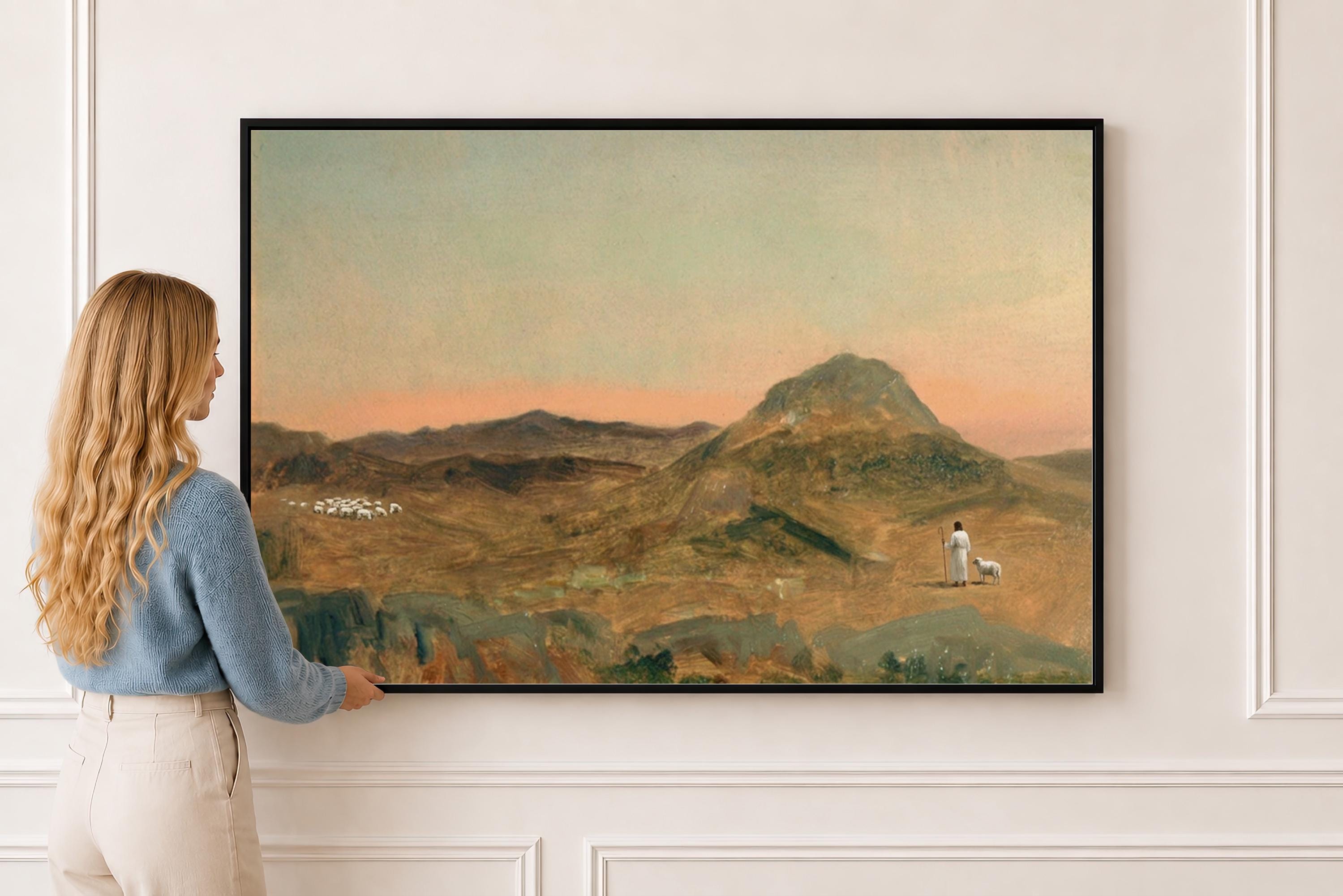 Lost Sheep Framed Canvas | Sunset Peak Christian Wall Art Print | Moody Christian Wall Art | Faith Gift | L0011