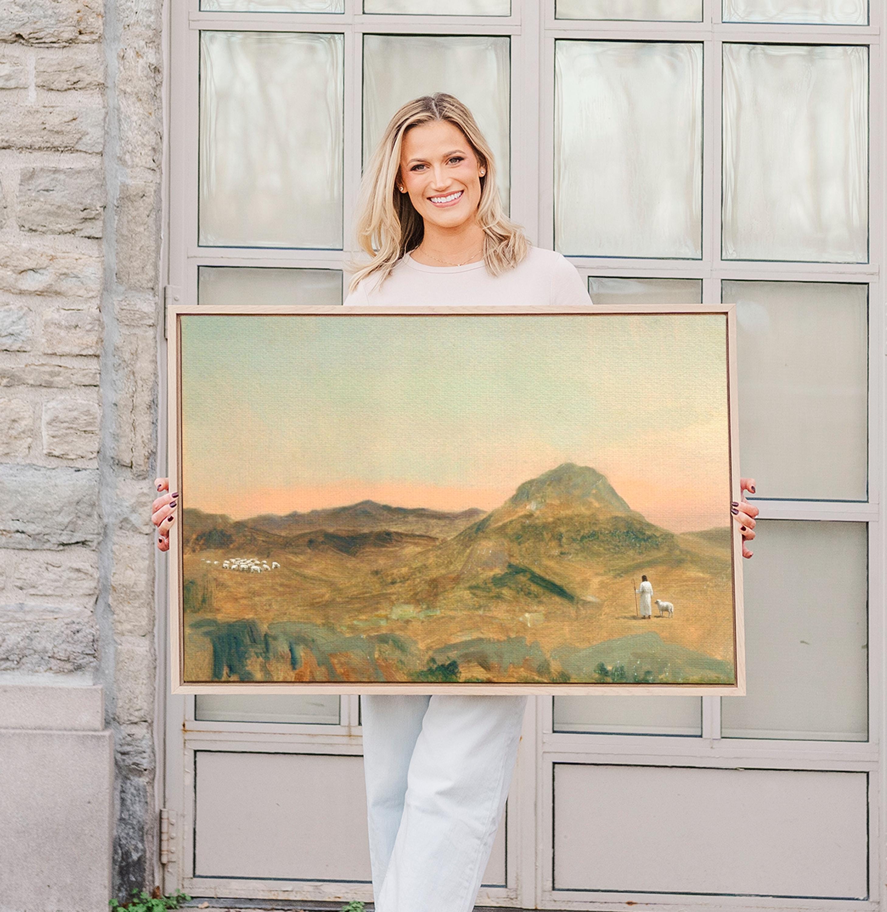 Lost Sheep Framed Canvas | Sunset Peak Christian Wall Art Print | Moody Christian Wall Art | Faith Gift | L0011