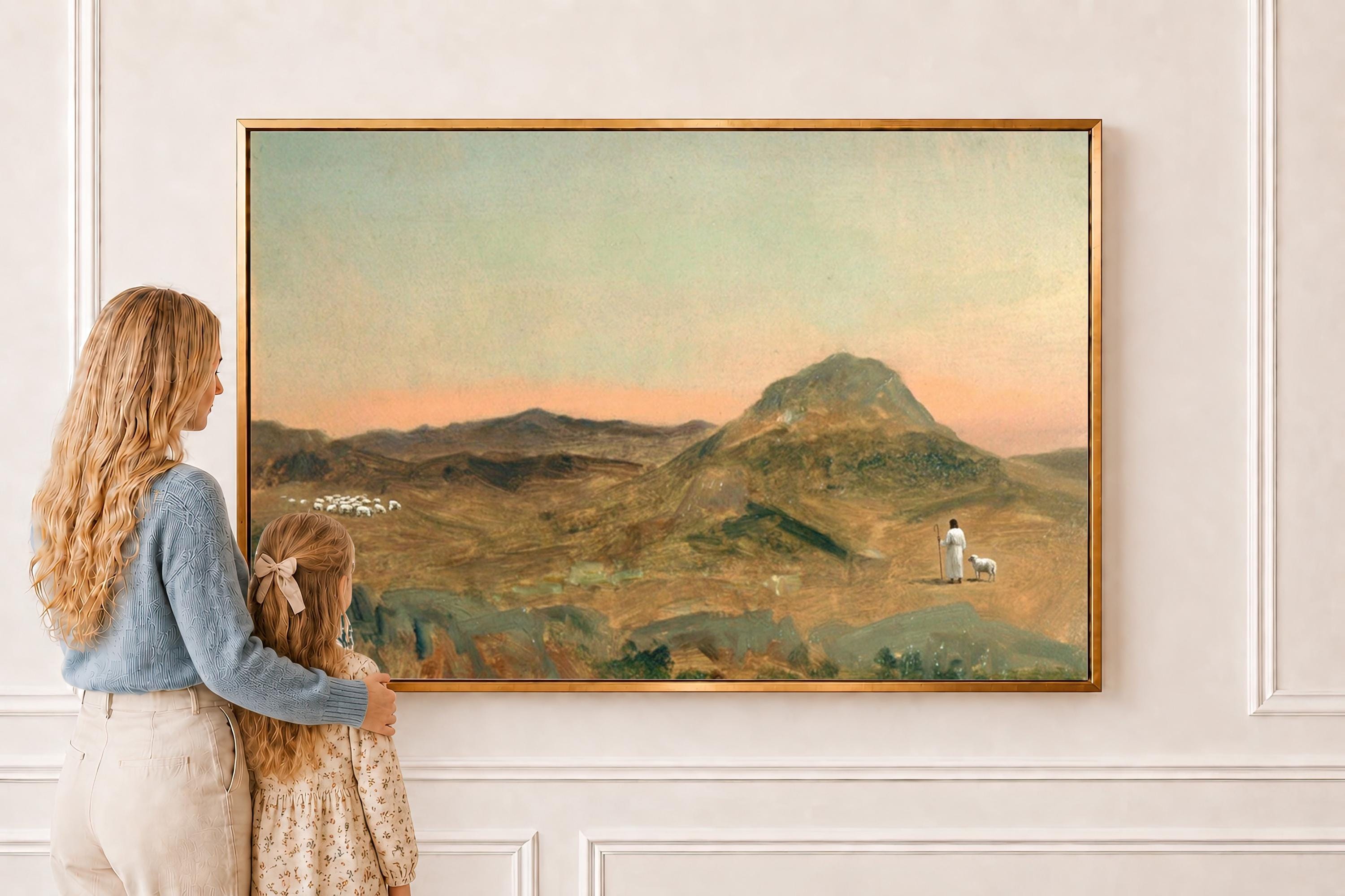 Lost Sheep Framed Canvas | Sunset Peak Christian Wall Art Print | Moody Christian Wall Art | Faith Gift | L0011