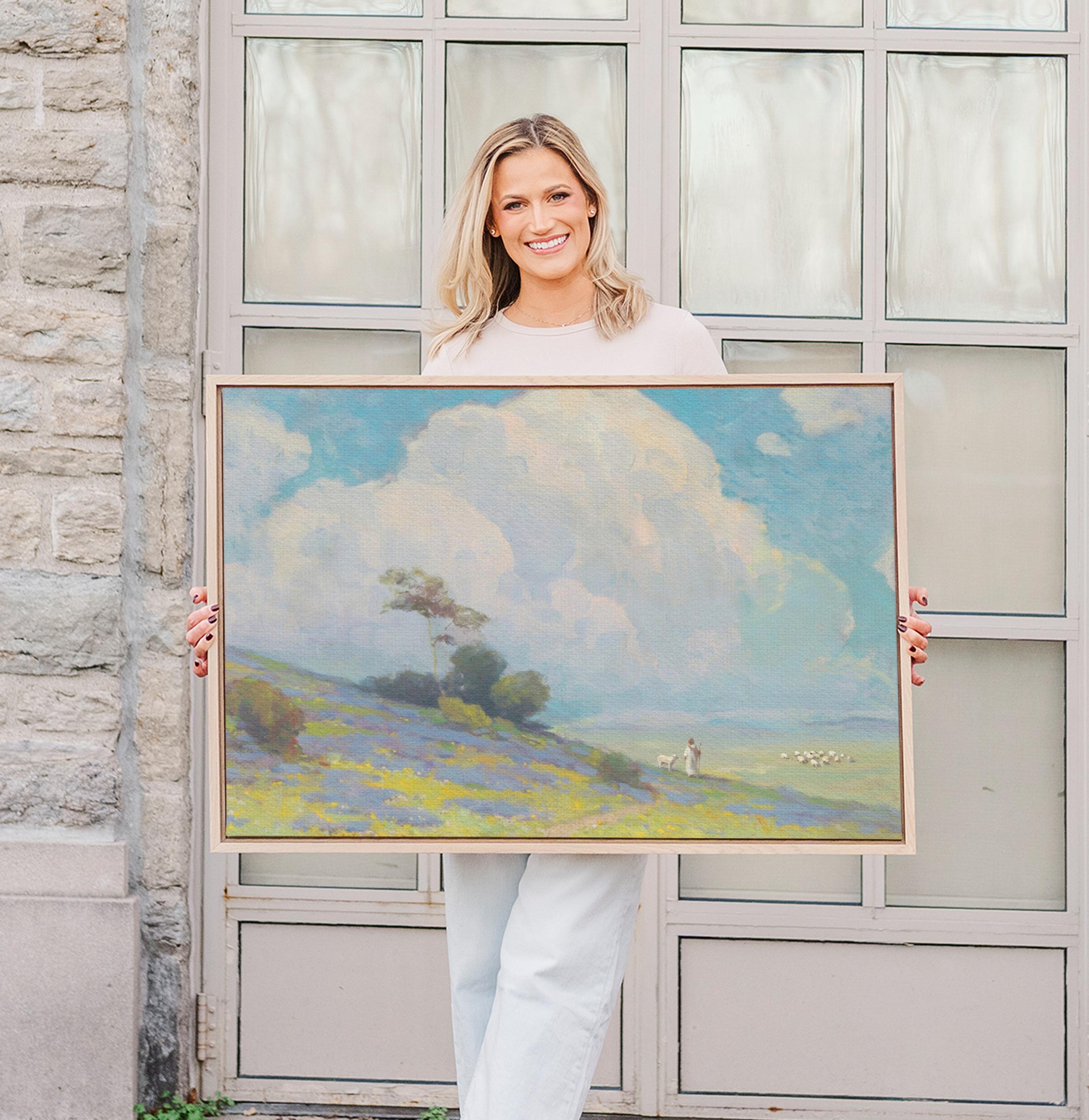 Lost Sheep Framed Canvas | Cumulus Hillside Christian Wall Art Print | Neutral Christian Wall Art | Faith Gift | L0002