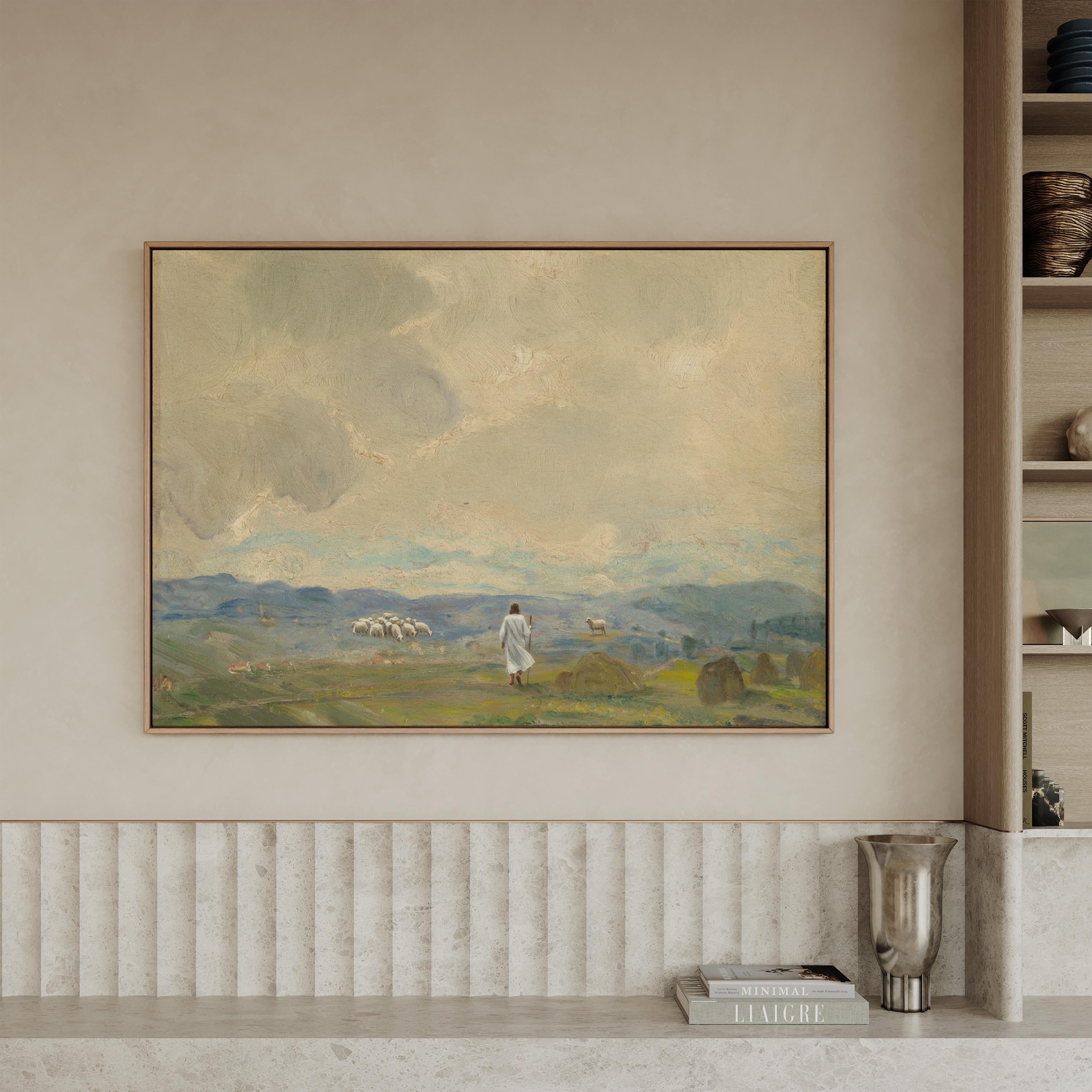 Lost Sheep Framed Canvas | Haystacks Blue Hills Christian Wall Art Print | Vintage Christian Wall Art | Faith Gift | L0005