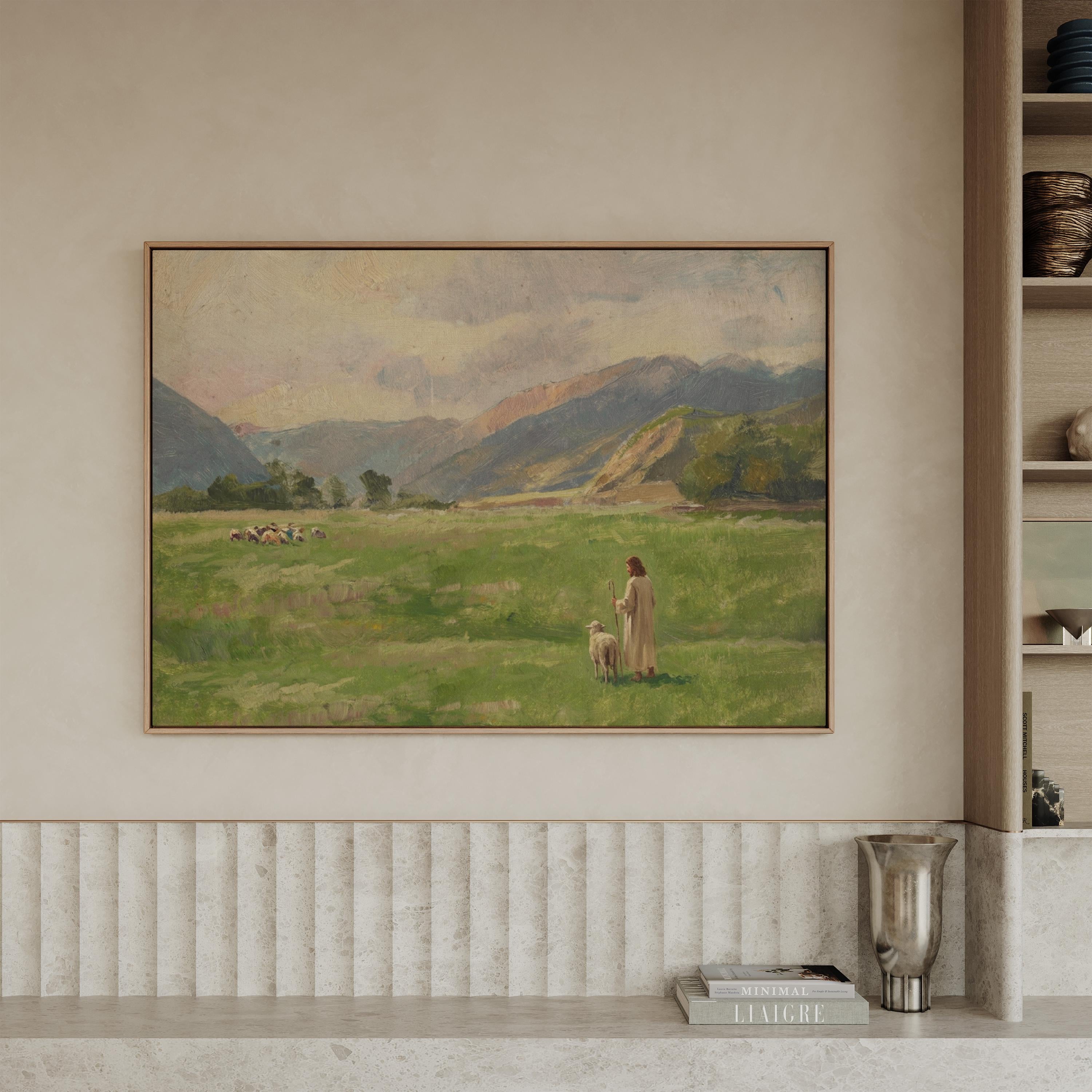 Lost Sheep Framed Canvas | Mountain Meadow Christian Wall Art Print | Neutral Christian Wall Art | Faith Gift | L0007