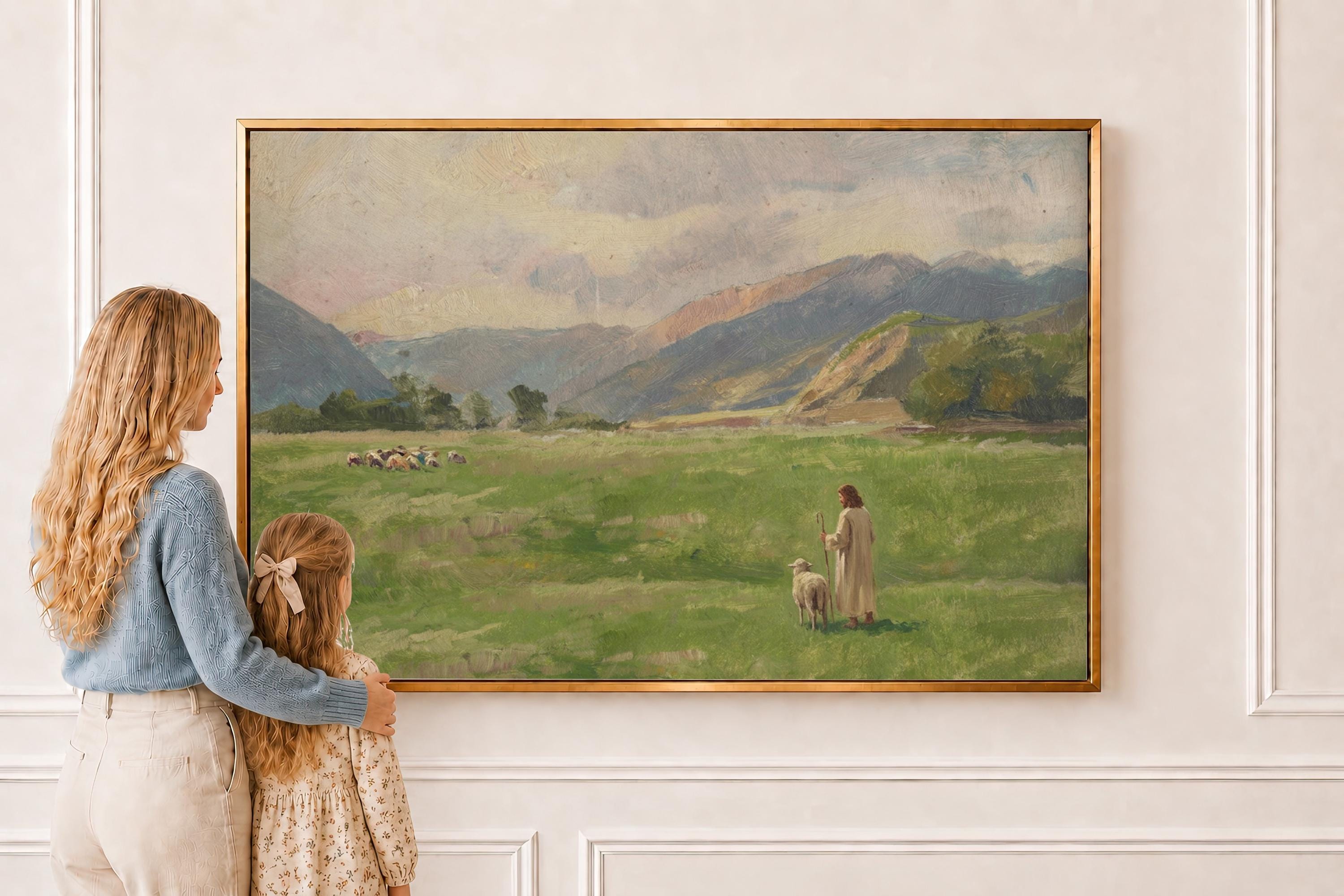 Lost Sheep Framed Canvas | Mountain Meadow Christian Wall Art Print | Neutral Christian Wall Art | Faith Gift | L0007