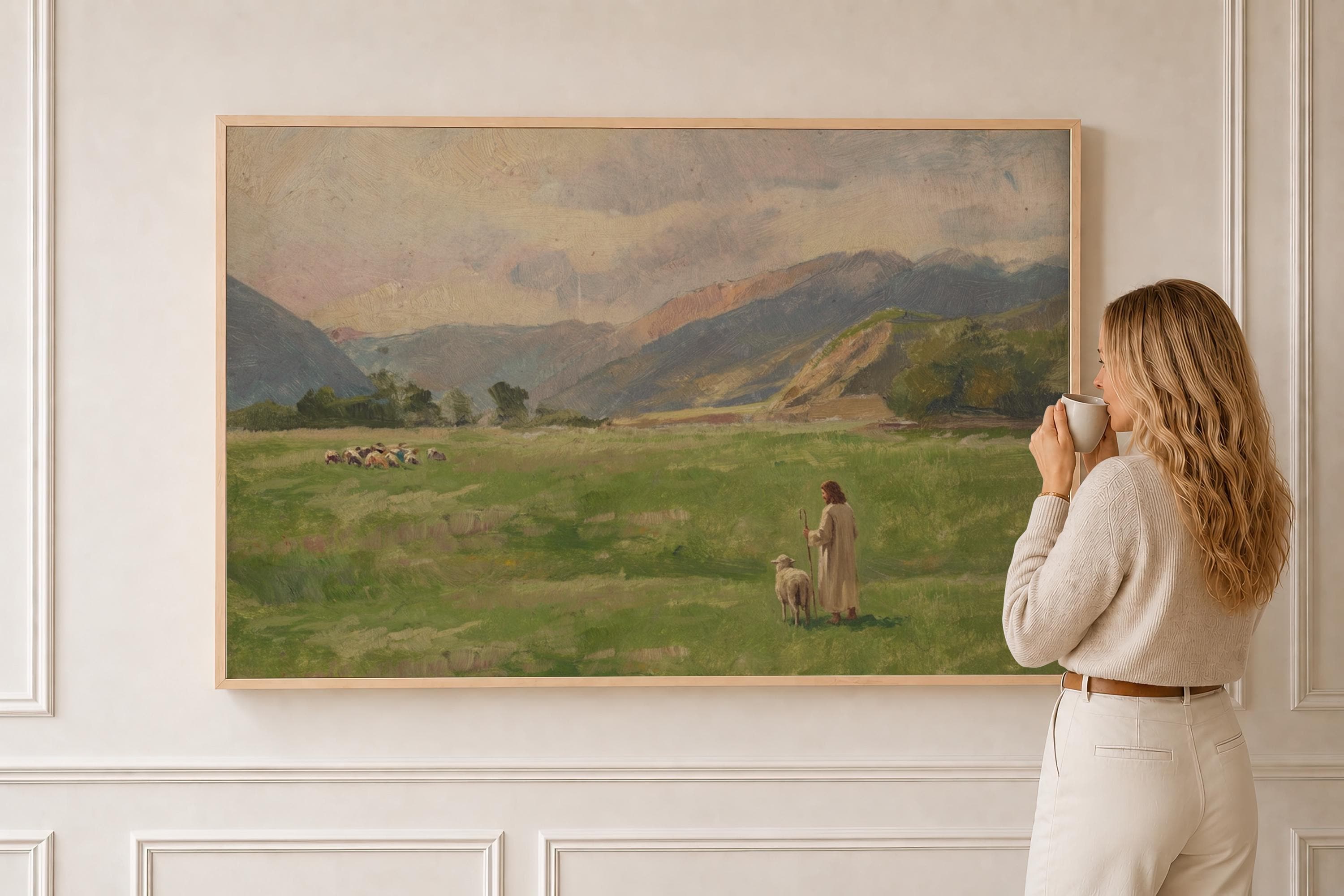 Lost Sheep Framed Canvas | Mountain Meadow Christian Wall Art Print | Neutral Christian Wall Art | Faith Gift | L0007