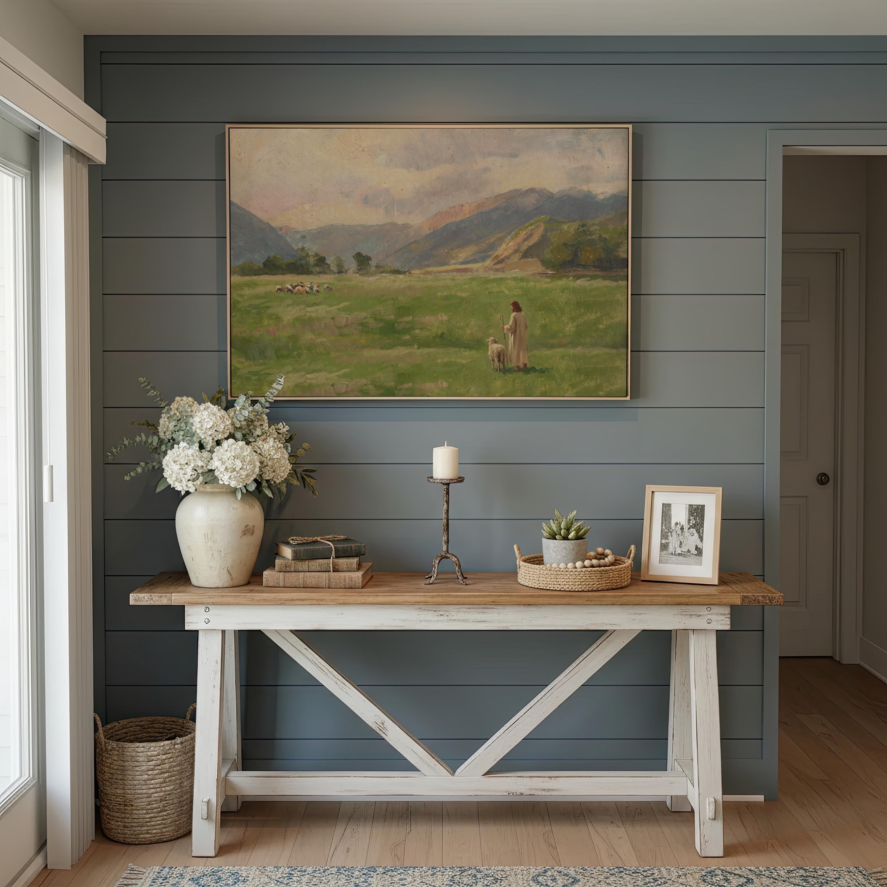 Lost Sheep Framed Canvas | Mountain Meadow Christian Wall Art Print | Neutral Christian Wall Art | Faith Gift | L0007
