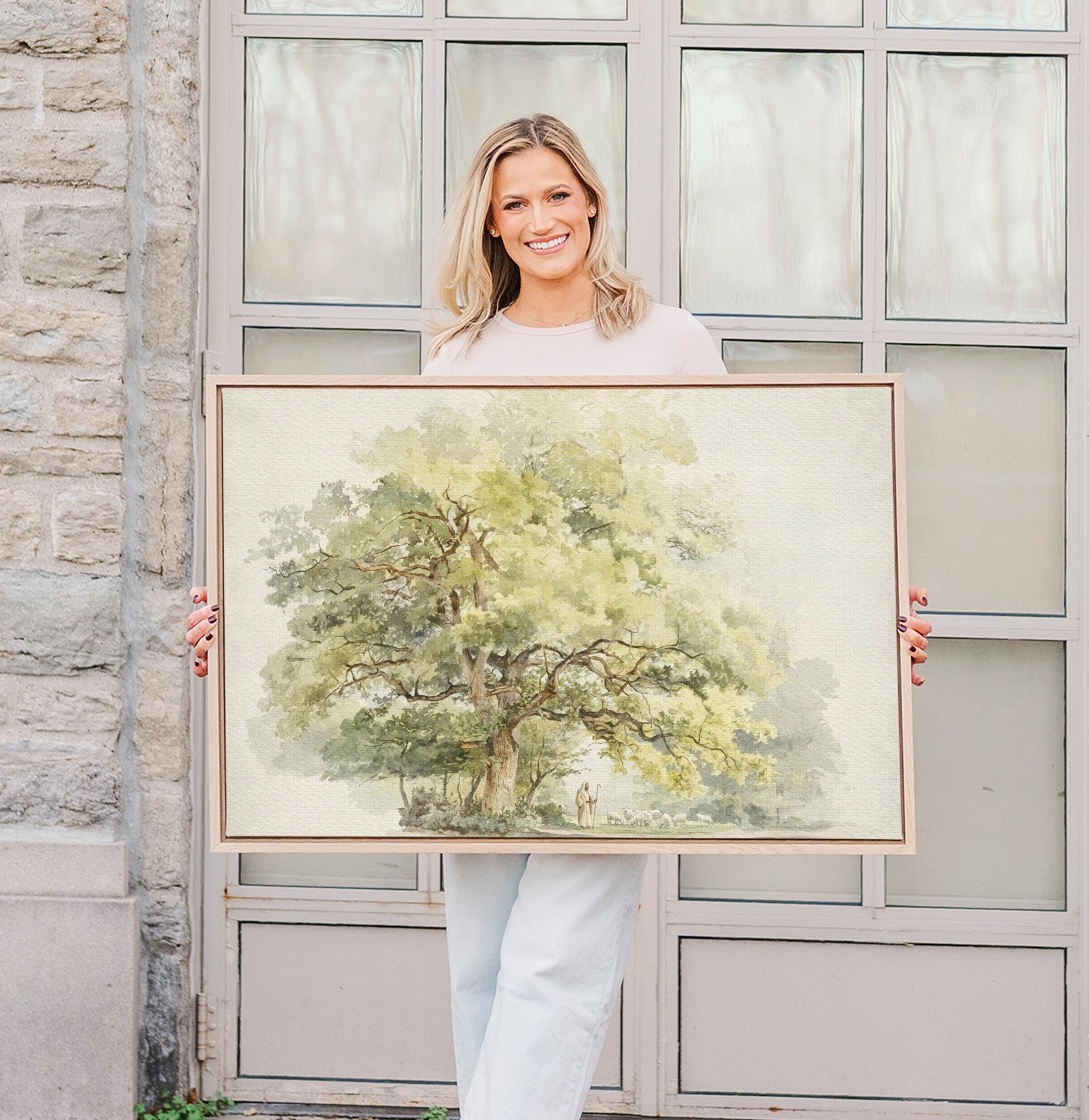 Psalm 23 Framed Canvas | Jesus with Sheep Oak Tree Christian Print | Watercolor Christian Wall Art | Faith Gift | S0015
