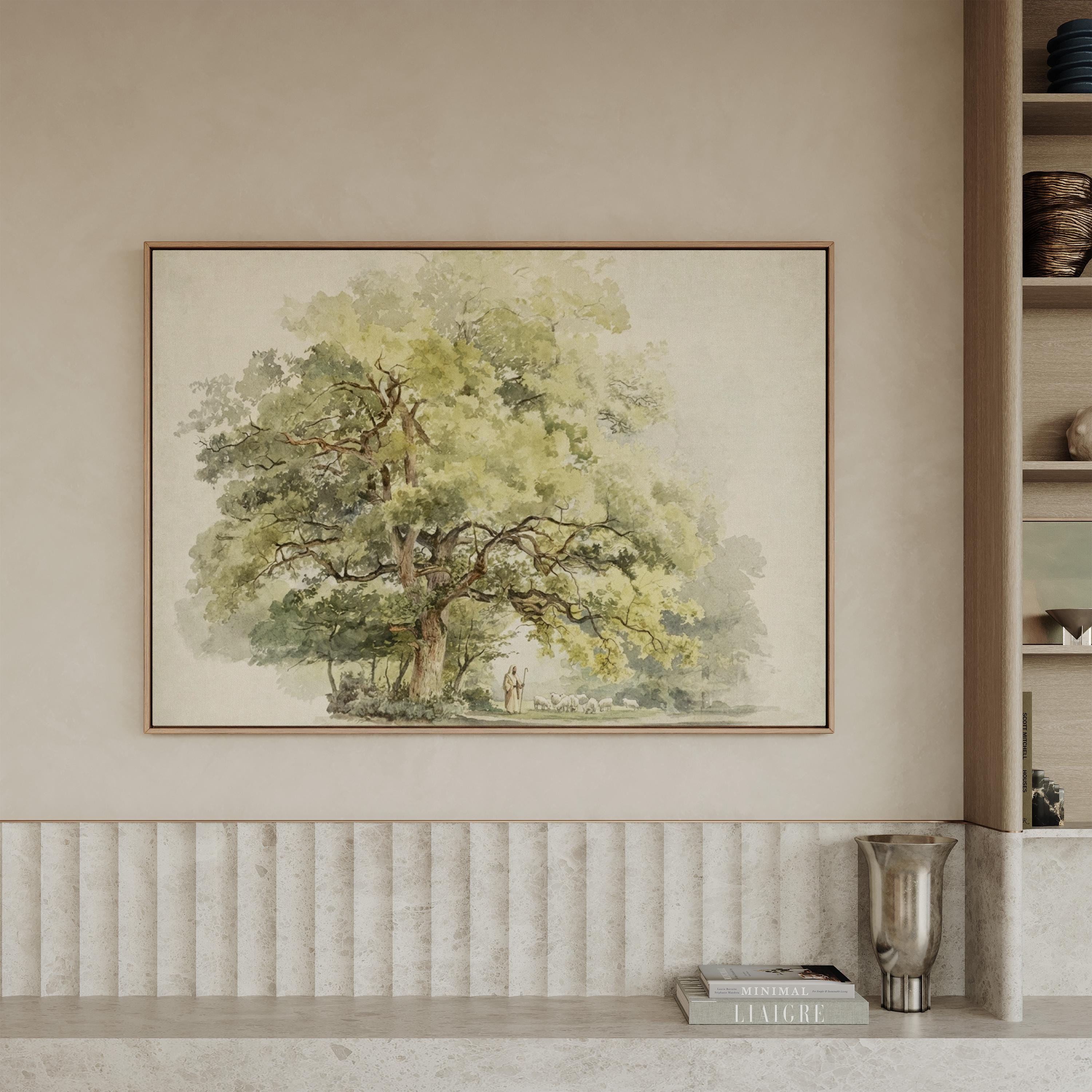 Psalm 23 Framed Canvas | Jesus with Sheep Oak Tree Christian Print | Watercolor Christian Wall Art | Faith Gift | S0015