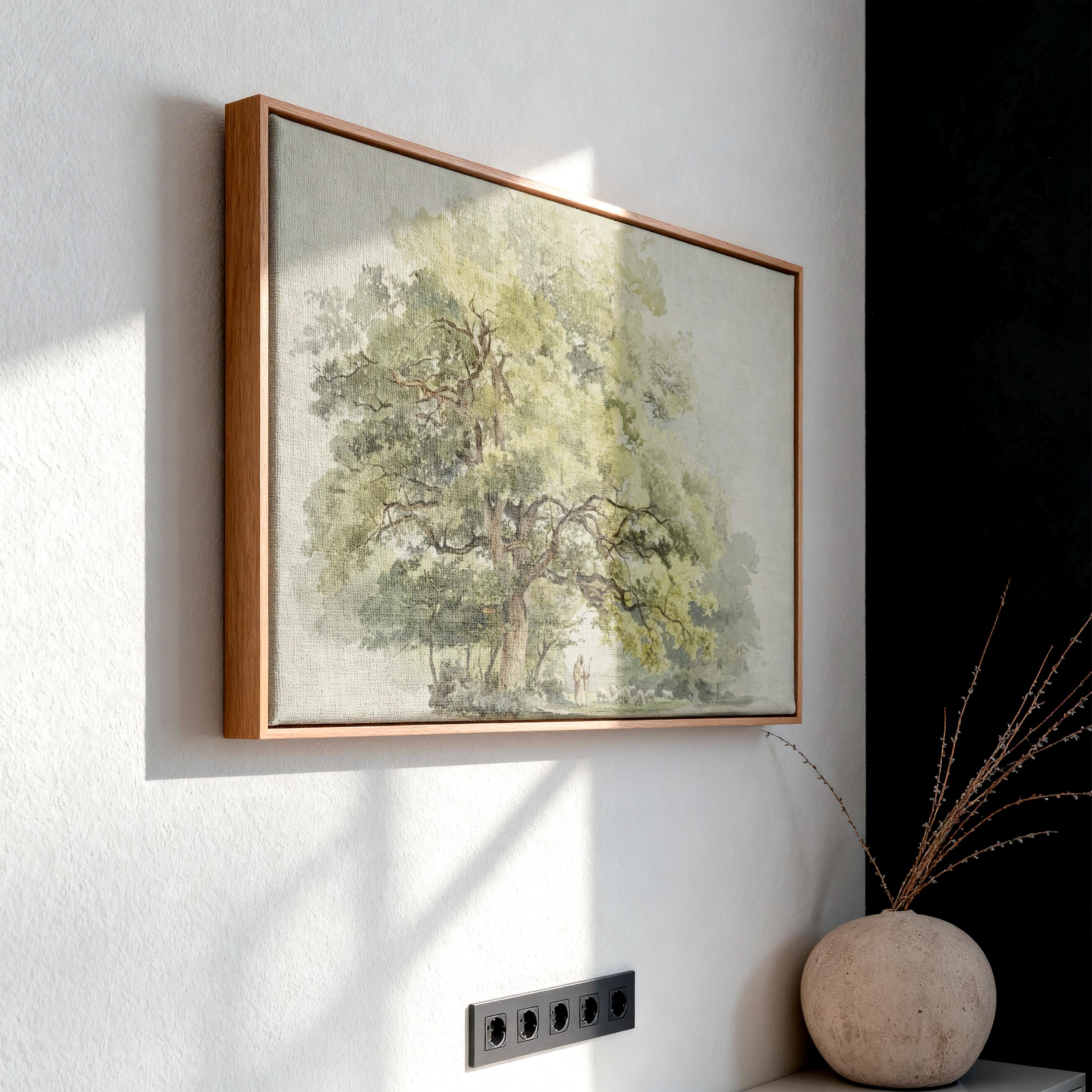 Psalm 23 Framed Canvas | Jesus with Sheep Oak Tree Christian Print | Watercolor Christian Wall Art | Faith Gift | S0015