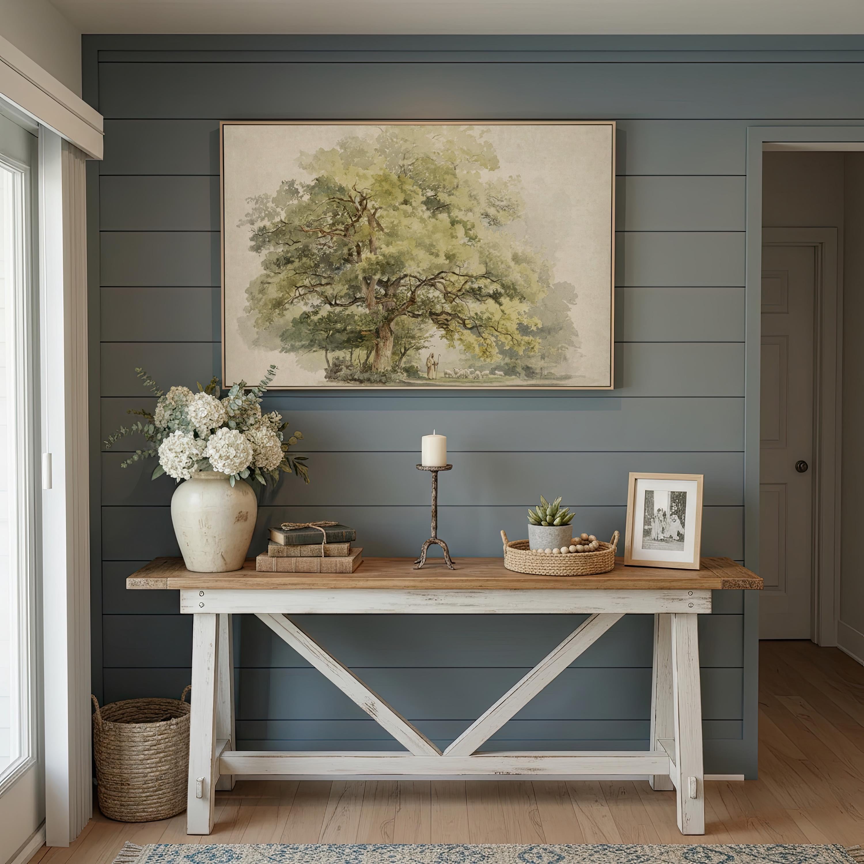 Psalm 23 Framed Canvas | Jesus with Sheep Oak Tree Christian Print | Watercolor Christian Wall Art | Faith Gift | S0015