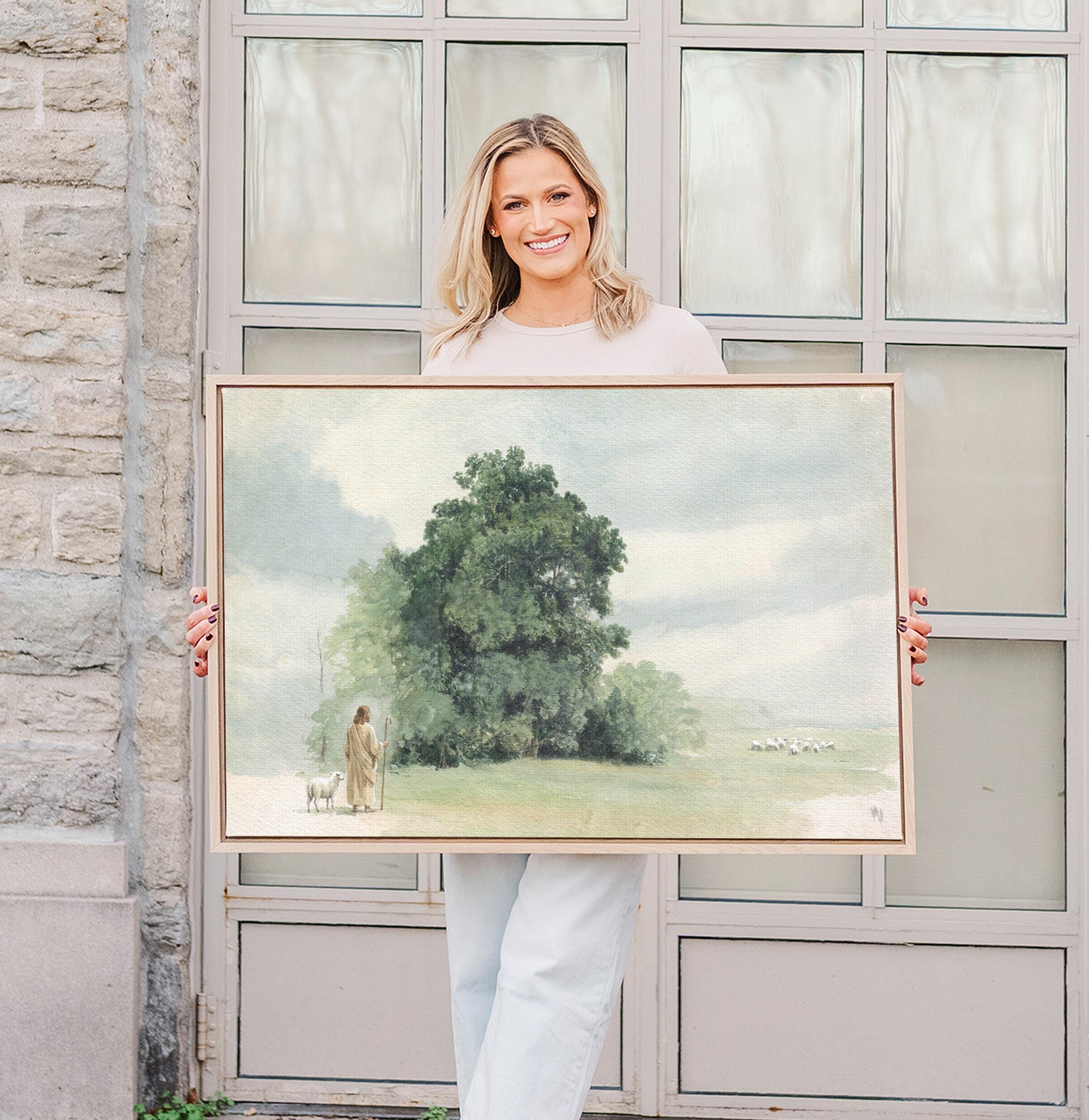Lost Sheep Framed Canvas | Green Hill Trees Christian Wall Art Print | Vintage Christian Wall Art | Faith Gift | L0004