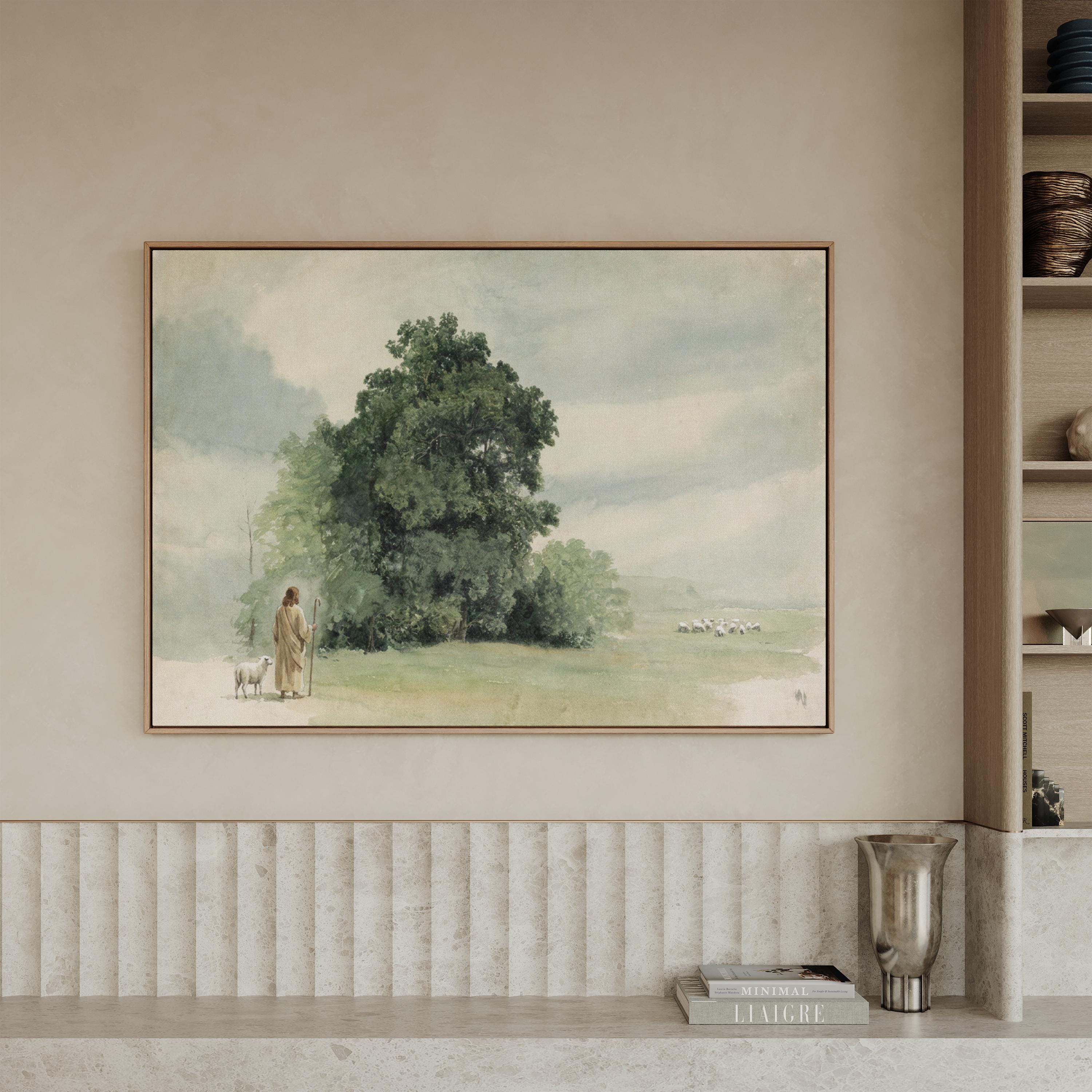 Lost Sheep Framed Canvas | Green Hill Trees Christian Wall Art Print | Vintage Christian Wall Art | Faith Gift | L0004