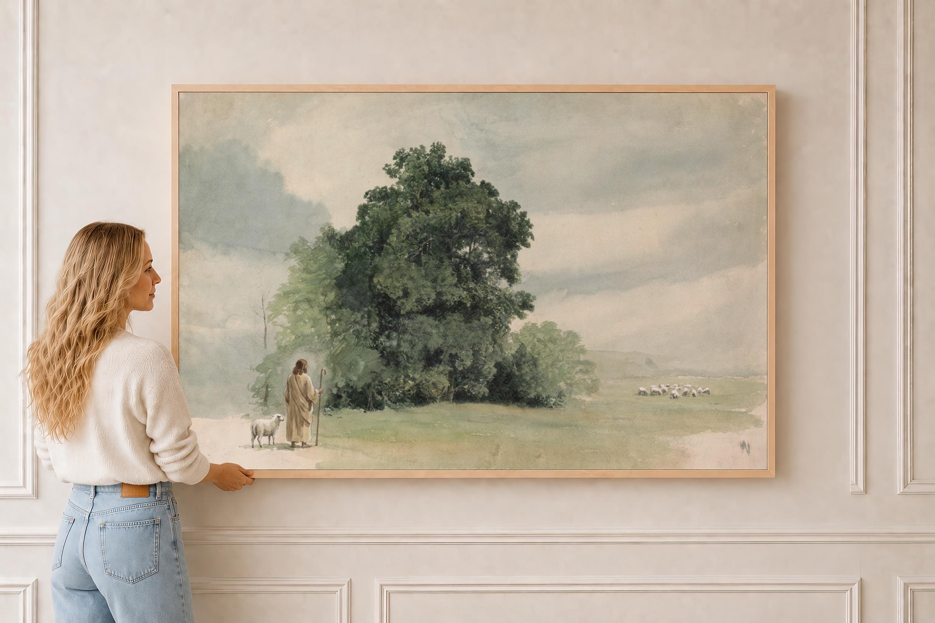 Lost Sheep Framed Canvas | Green Hill Trees Christian Wall Art Print | Vintage Christian Wall Art | Faith Gift | L0004