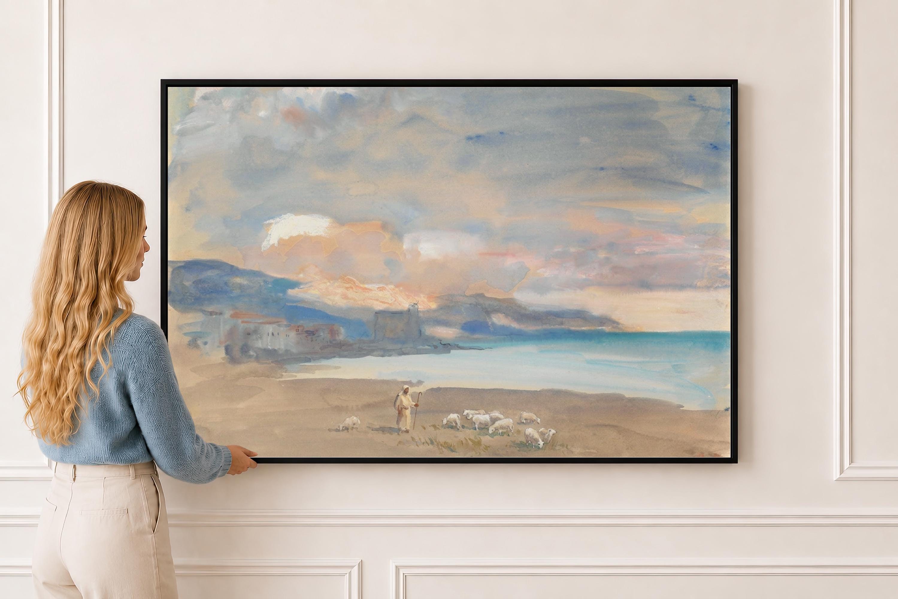 Psalm 23 Framed Canvas | Jesus with Sheep Coastal Dusk Print | Coastal Christian Wall Art | Faith Gift | S0007