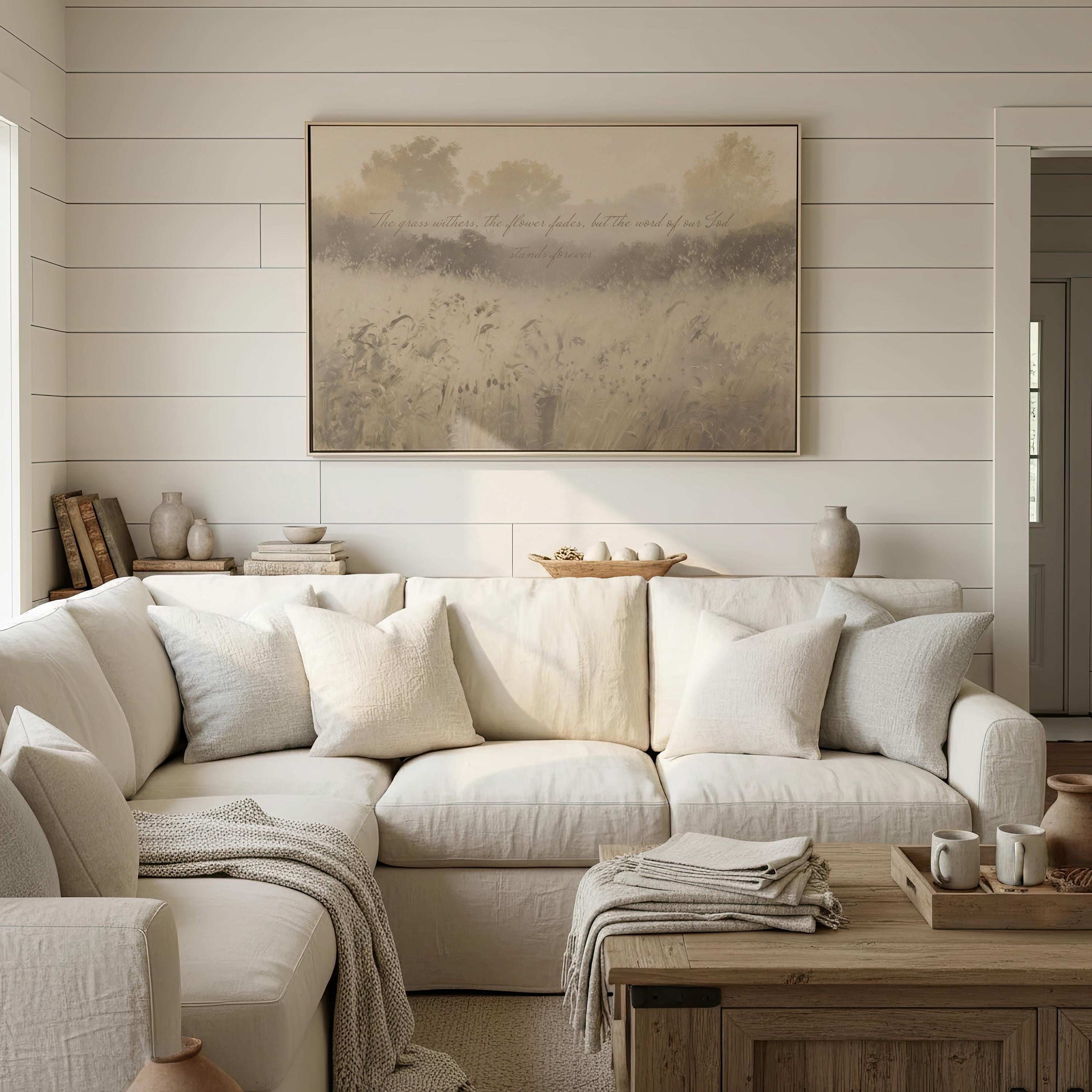 Isaiah 40:8 Canvas | Muted Meadow Christian Decor | Neutral Christian Wall Art | Faith Gift | T0010