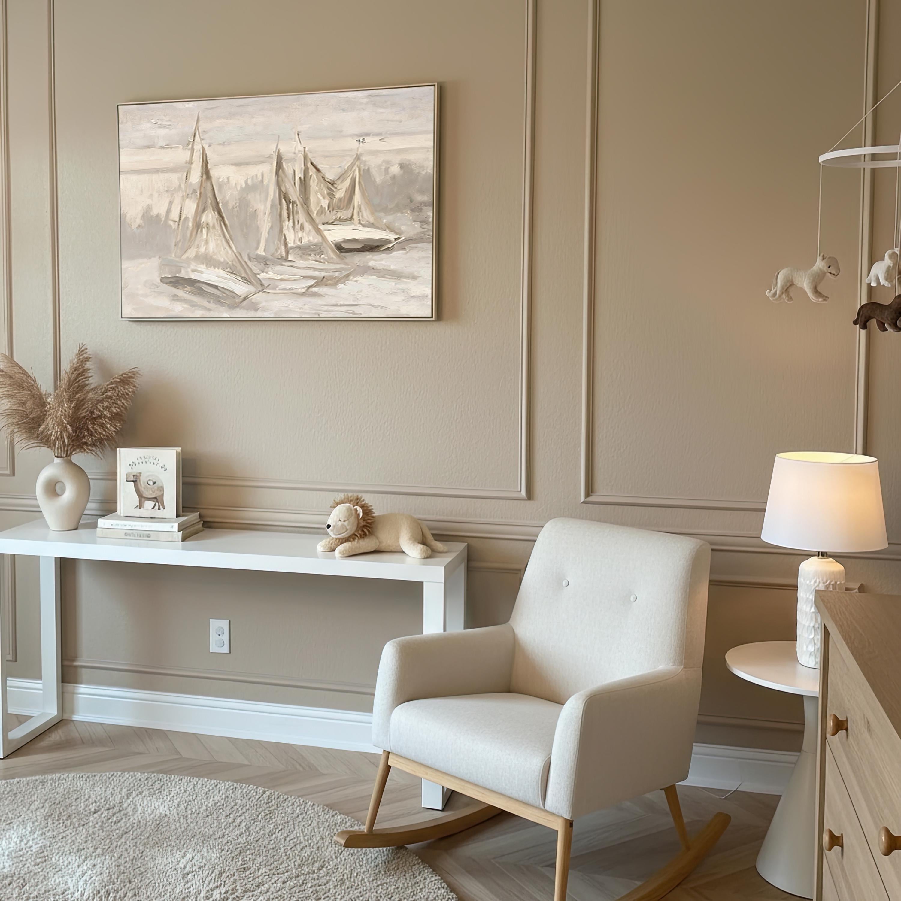 Neutral Sailboat Wall Art, Minimal Coastal Painting, Beige Nautical Canvas Print, Serene Ocean Artwork, Modern Beach House Decor